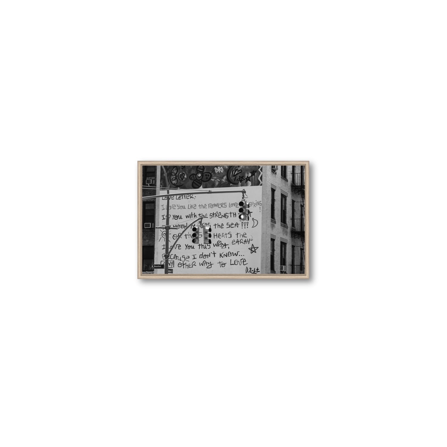 Love Letter New York NYC Black & White wall art Small fine art canvas in natural oak float frame