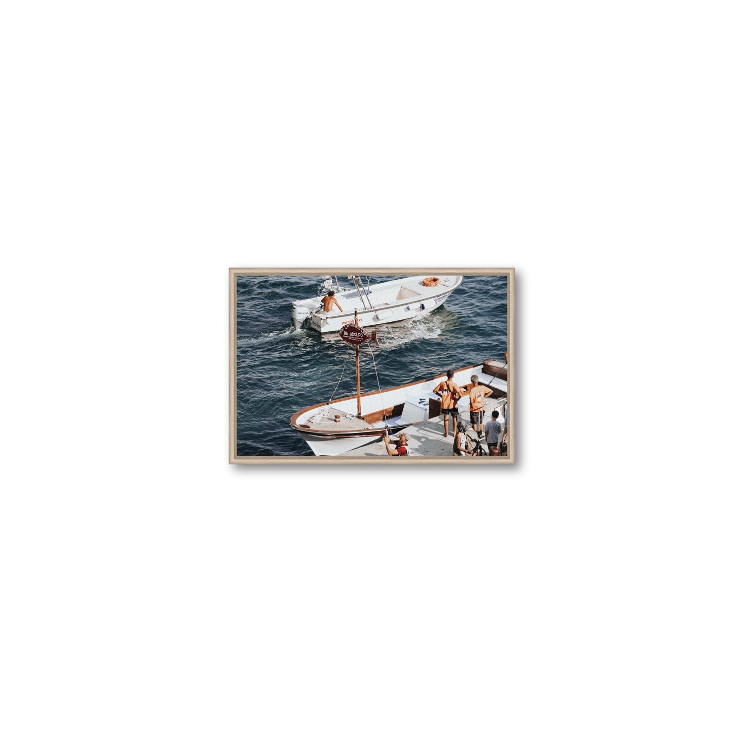 Water Taxi Positano wall art Small fine art canvas in natural oak float frame