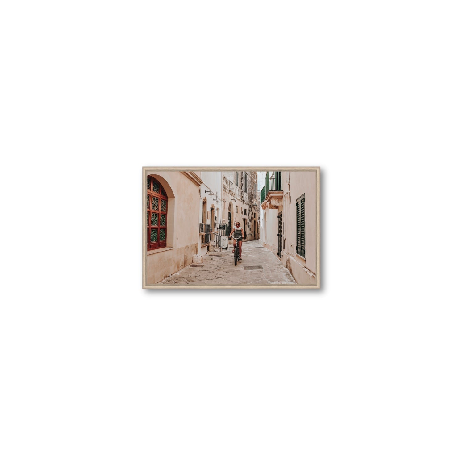 La Donna In Bicicletta Puglia Wall Italian fine art print Small fine art canvas in natural oak float frame