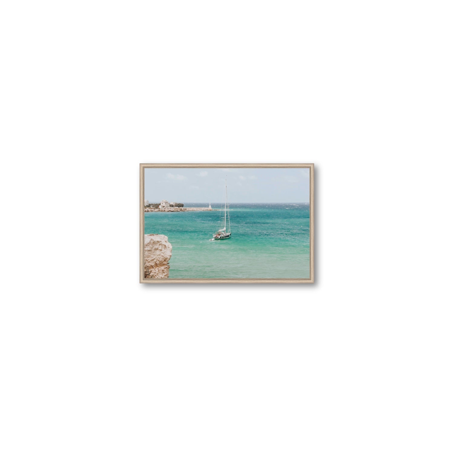 Adriatic Escape Puglia Italian coastal decor wall art Small fine art canvas in natural oak float frame