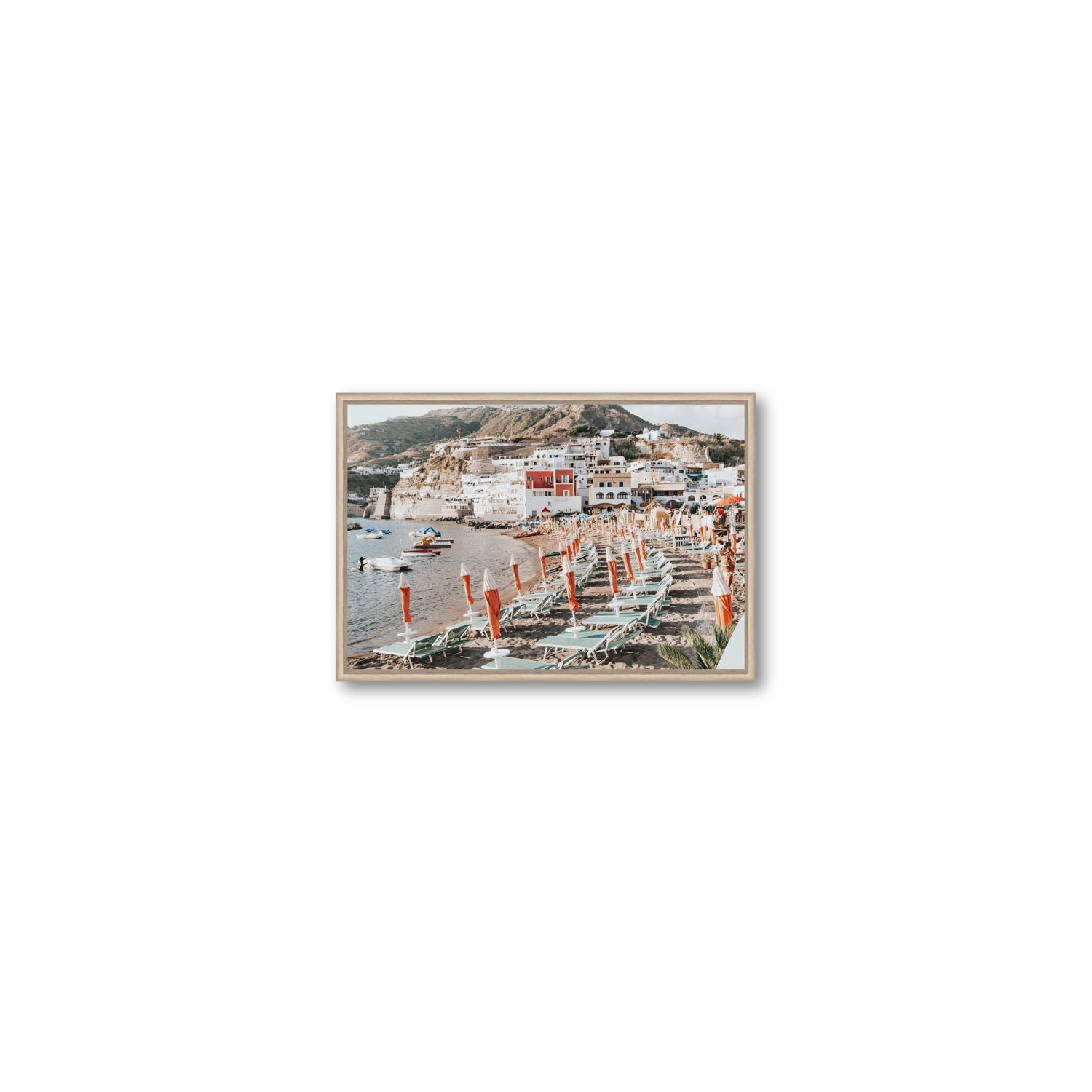 Sole Estivo Ischia Italian coastal wall art Small fine art canvas in natural oak float frame