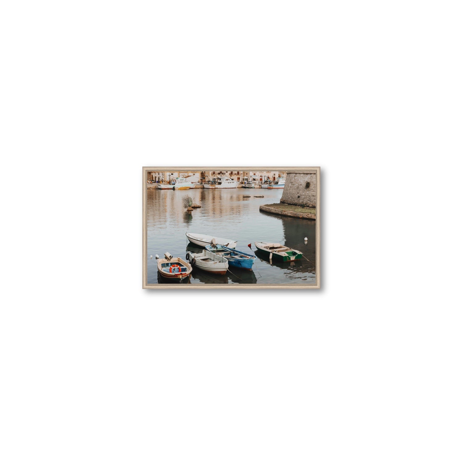 Cinque Barche Puglia Gallipoli Italian art print Small fine art canvas in natural oak float frame