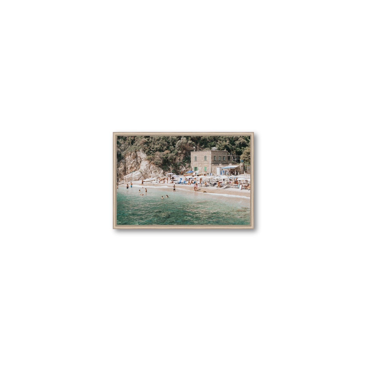Secluded Sanctuary Nerano Italian Mediterranean decor wall art Small fine art canvas in natural oak float frame
