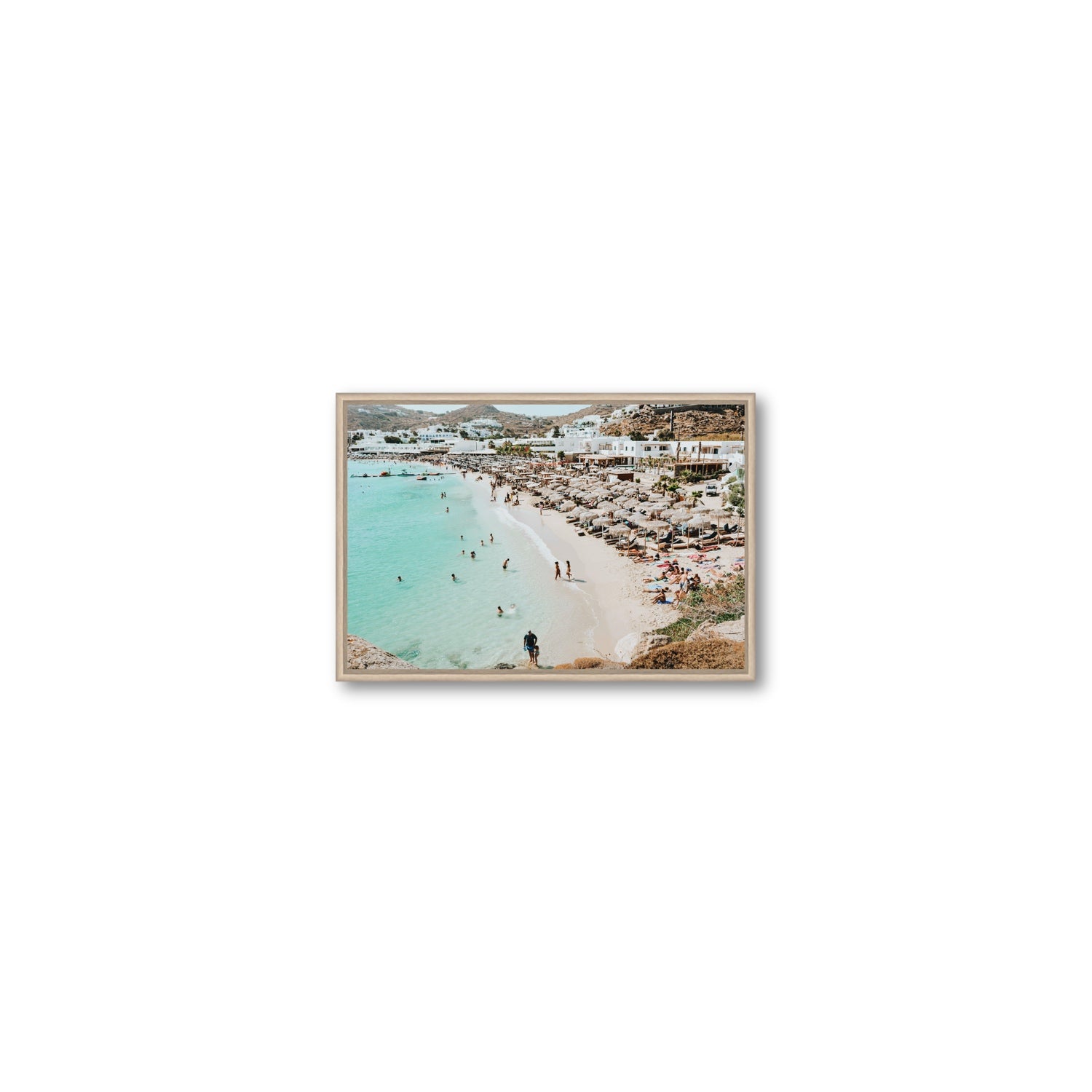 Aquaholic Mykonos Greek island wall art Small fine art canvas in natural oak float frame