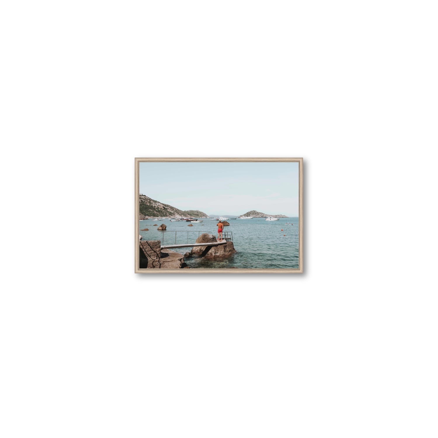 Out Of Office Tuscany coastal Italian wall art Small fine art canvas in natural oak float frame