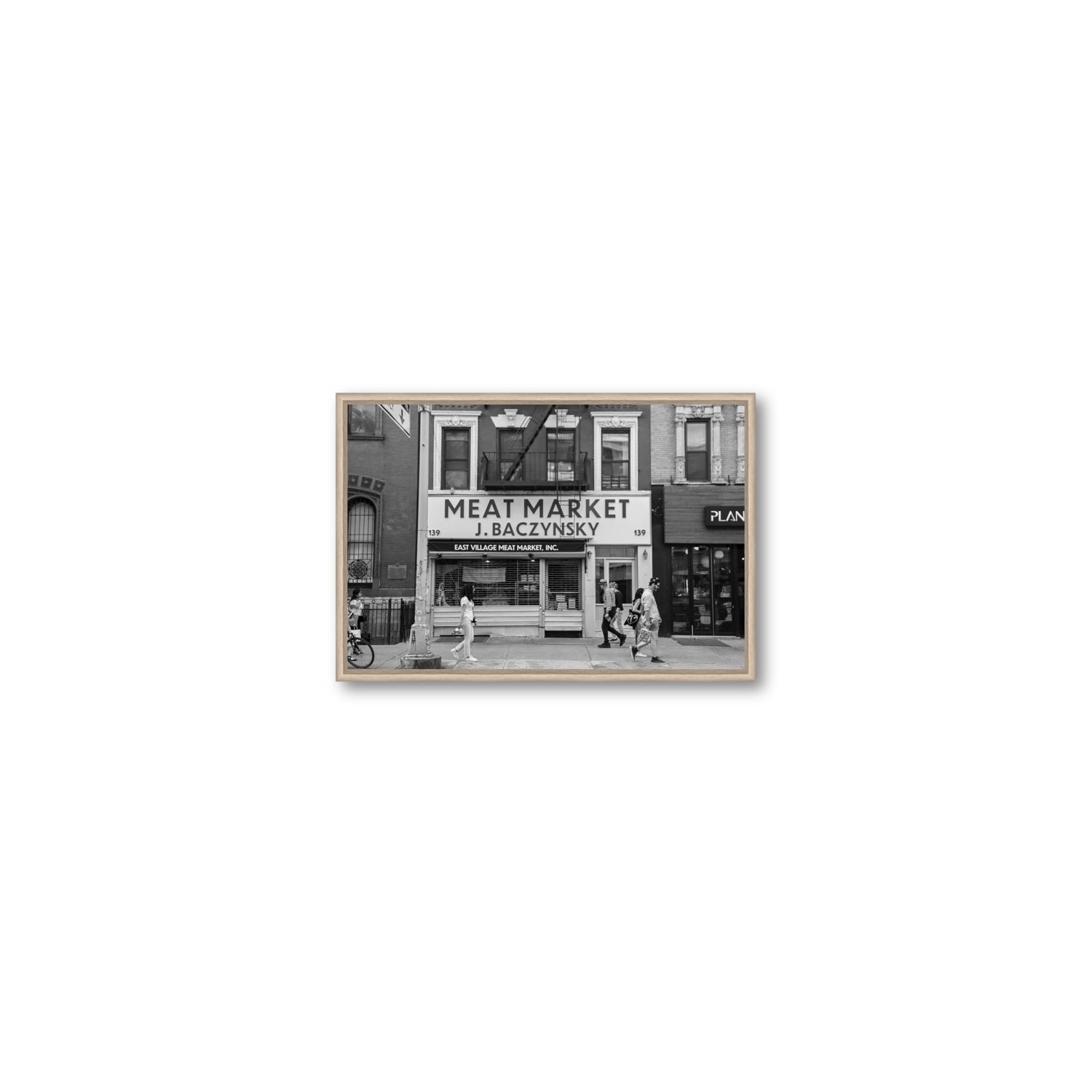 Meat District New York NYC Black & White wall art Small fine art canvas in natural oak float frame