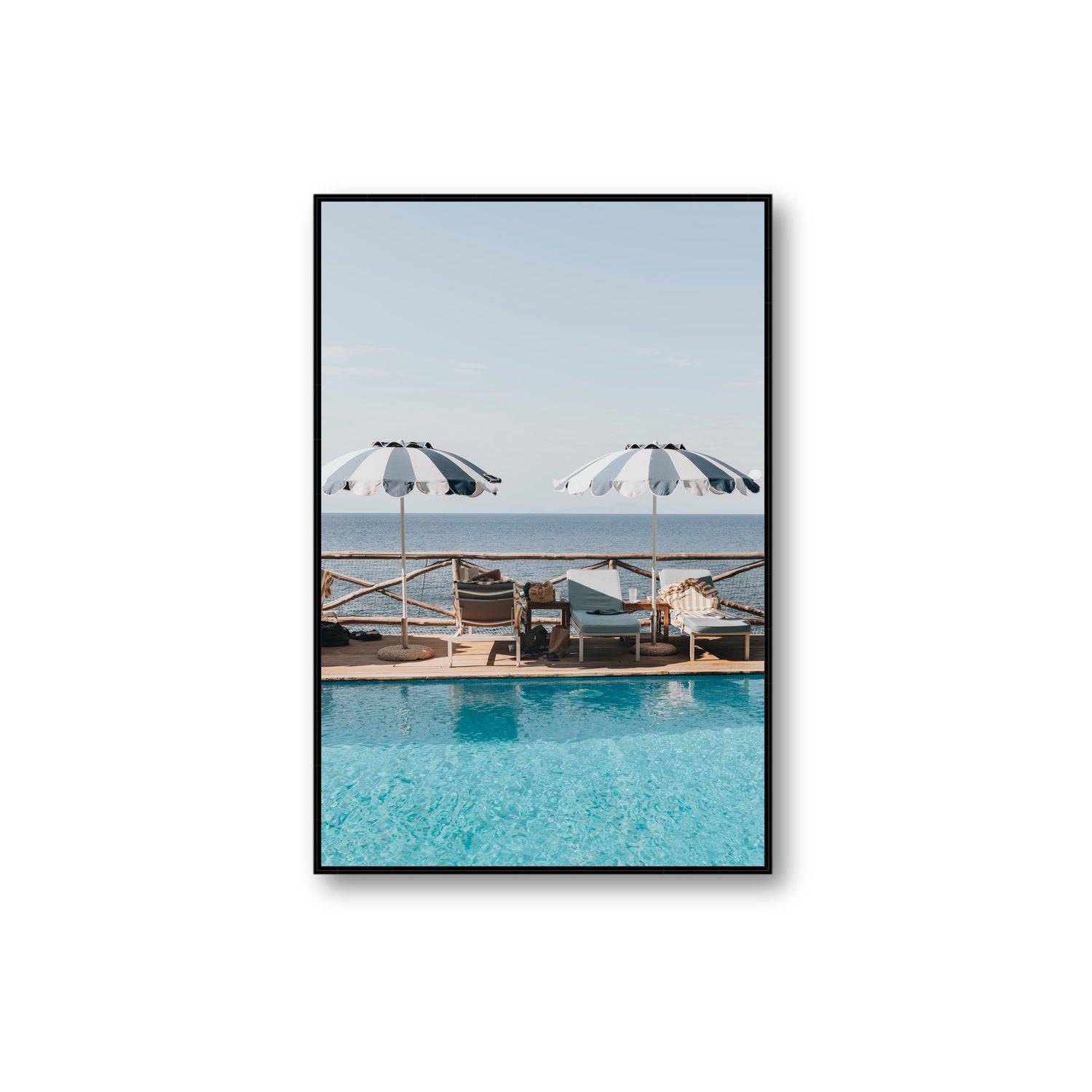 Beach Retreat fine art print, Ischia, Italy, european beach clubs artwork, Extra Large, Black Float Frame, Fine Art Canvas