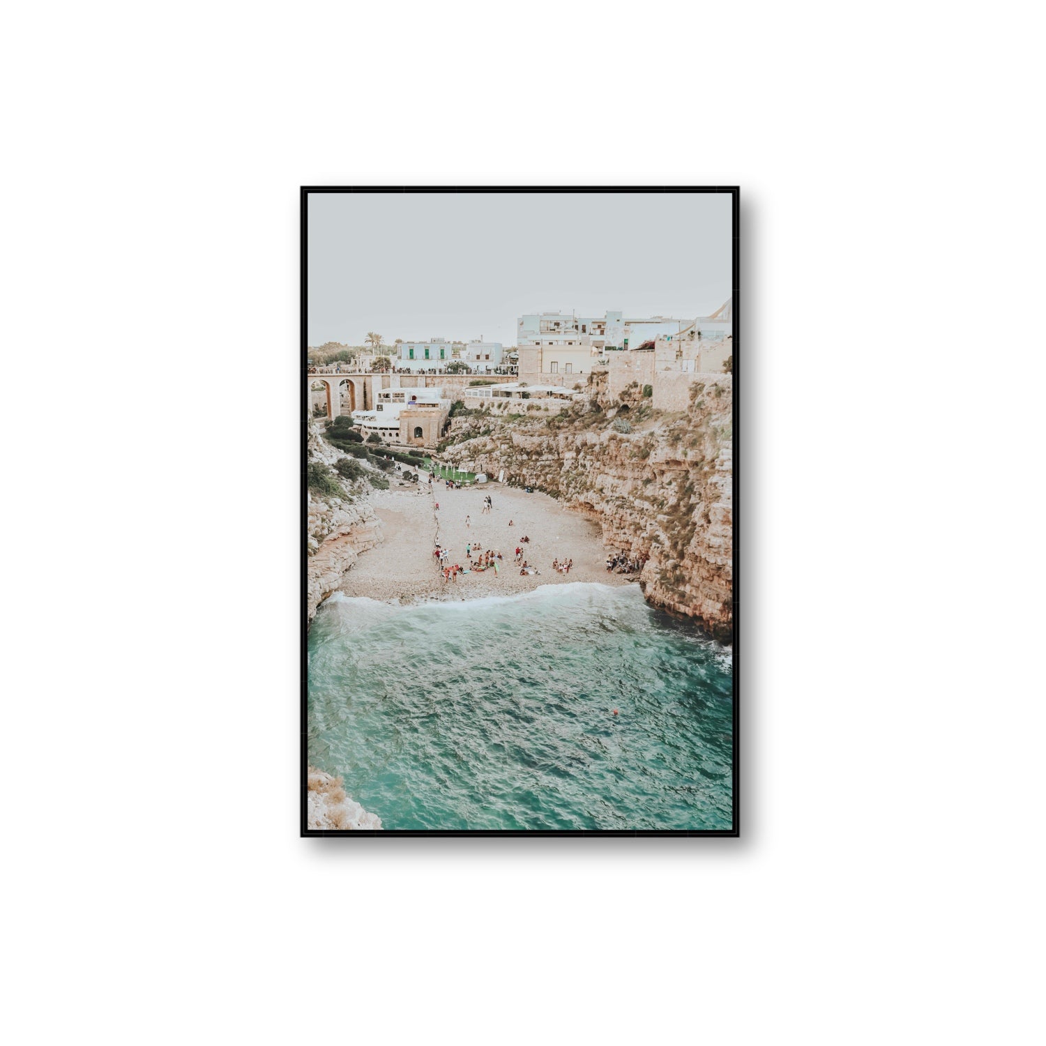 Polignano Vista Puglia coastal Italian beach fine art print Extra Large fine art canvas in black float frame