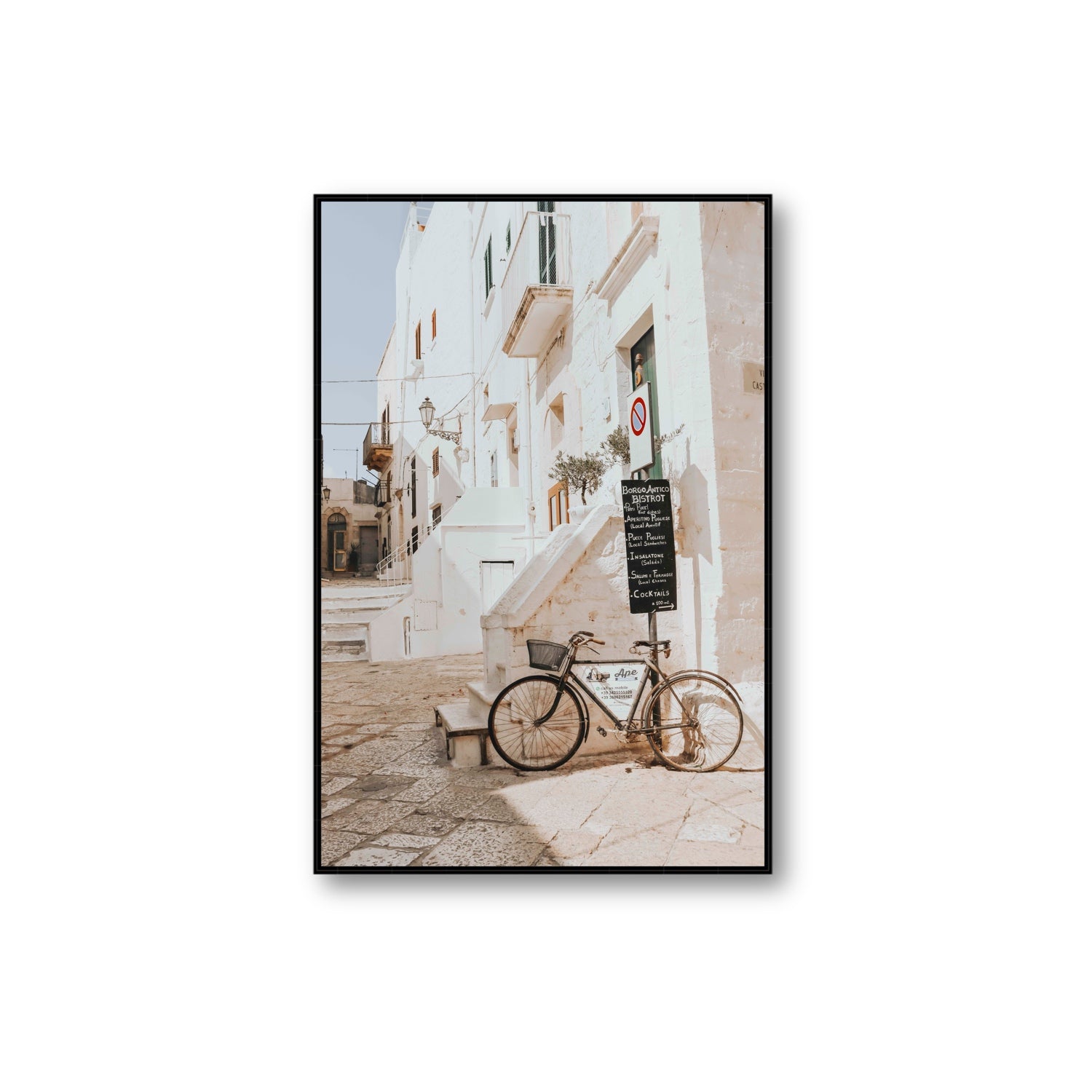 La Bicicletta Puglia Ostuni wall art Extra Large fine art canvas in black float frame