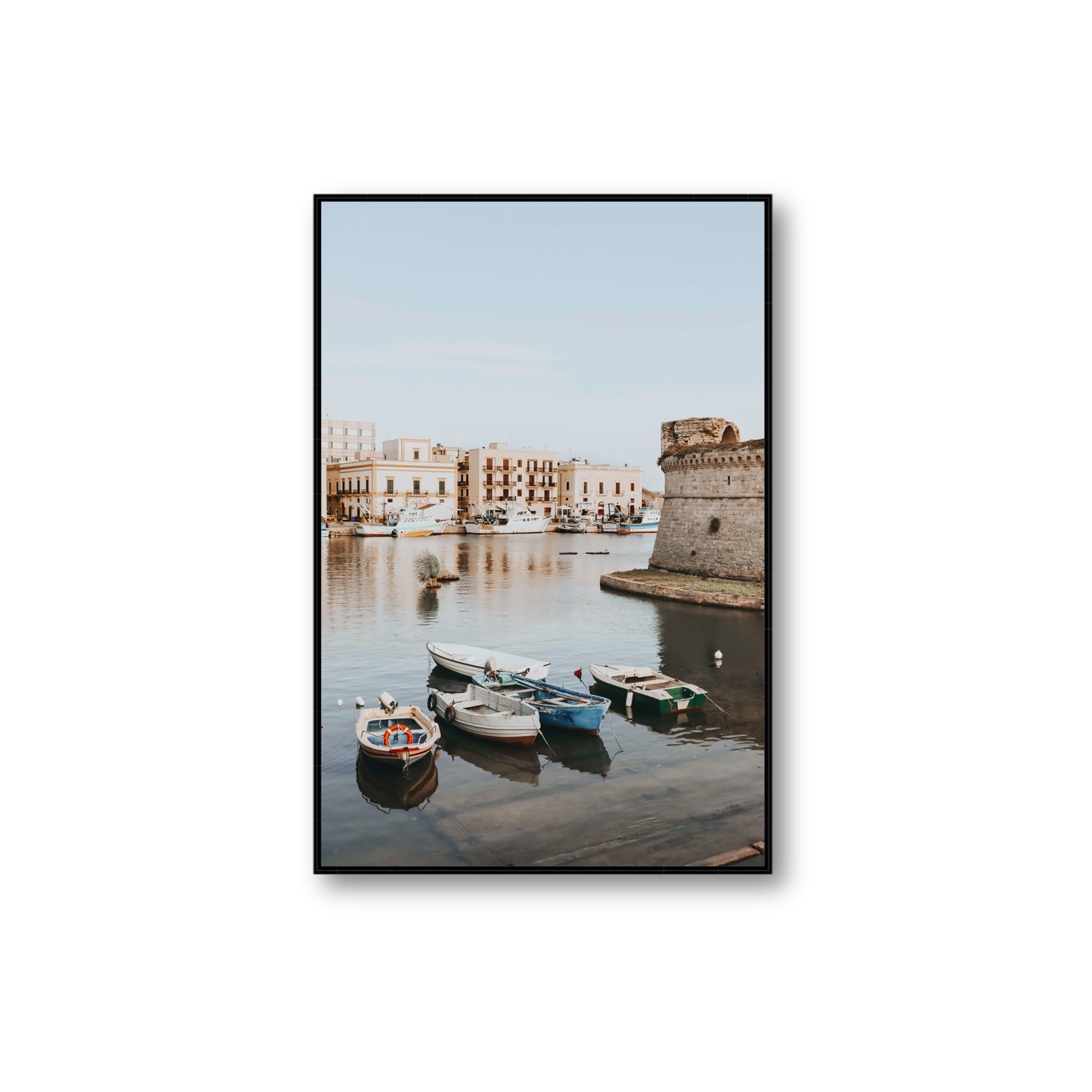 Gallipoli Harbour Puglia coastal wall art Extra Large fine art canvas in black float frame