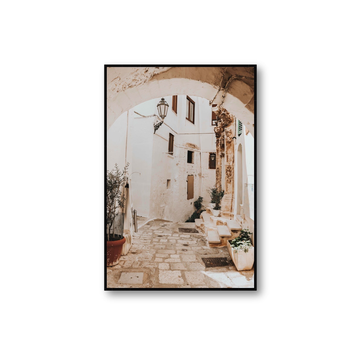 Pathway Wander Puglia Ostuni wall art Extra Large fine art canvas in black float frame