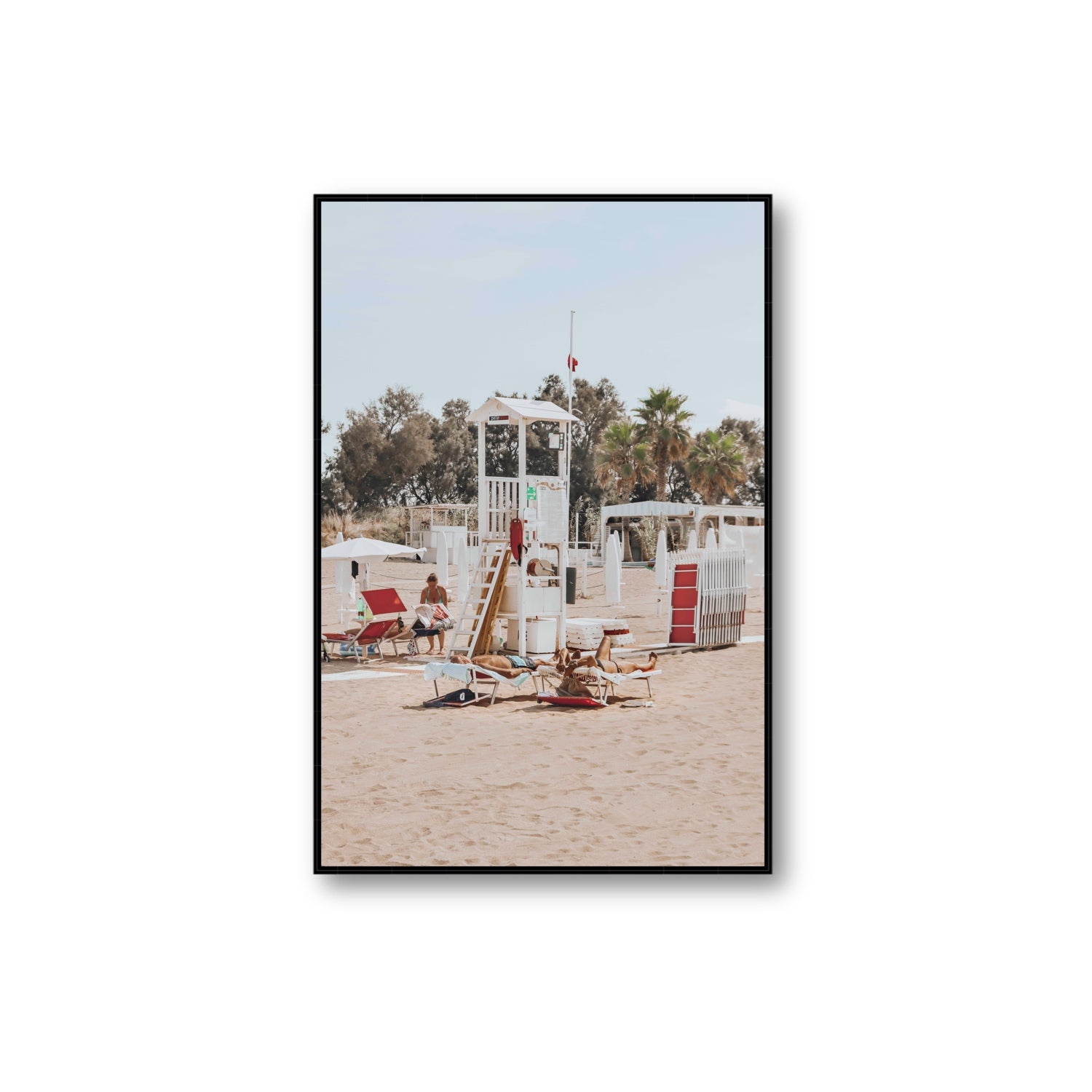 Red Lounge Reverie Puglia beach coastal wall art Extra Large fine art canvas in black float frame