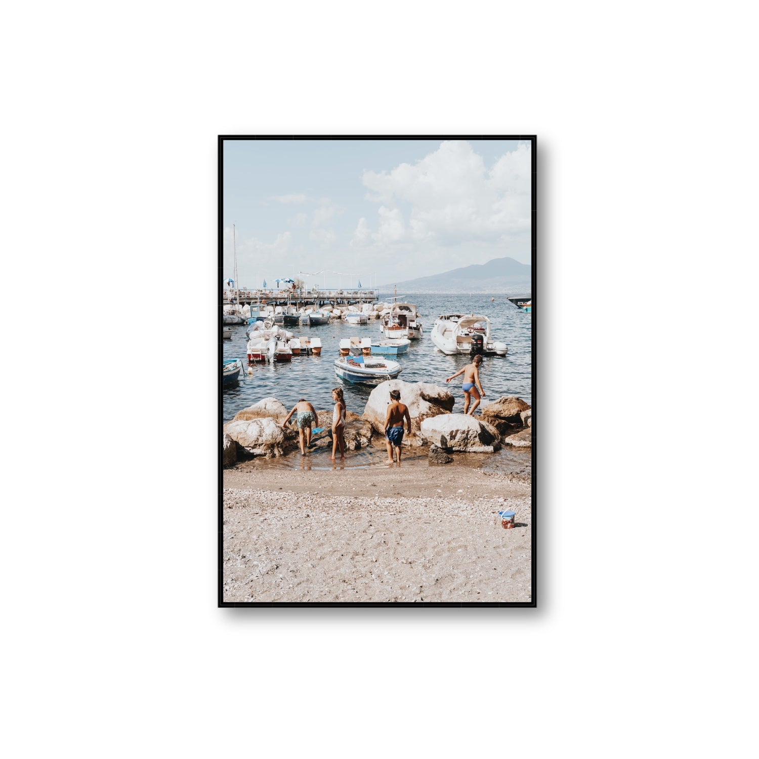 Searching For Treasures Sorrento coastal wall art Extra Large fine art canvas in black float frame
