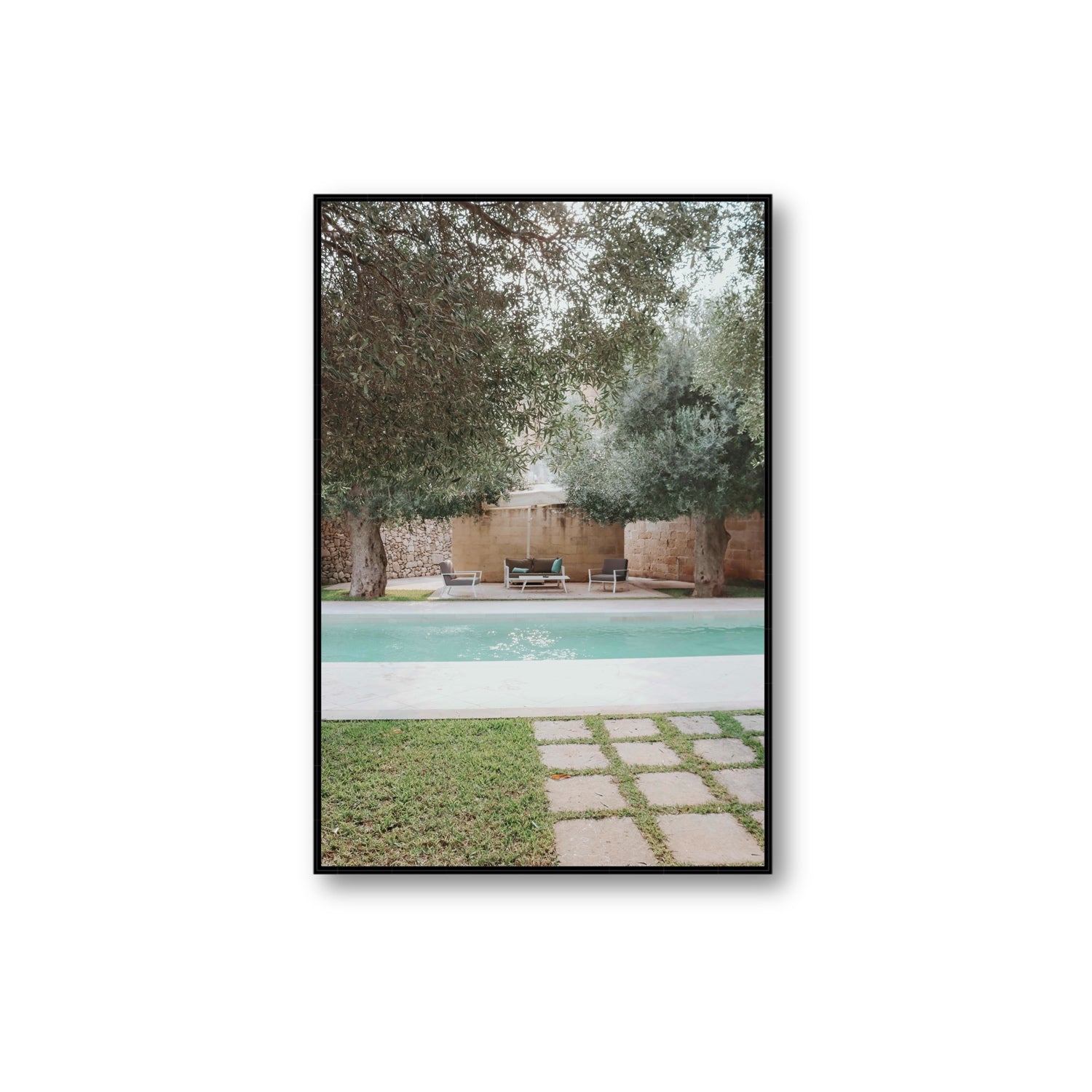 Idyllic Escape Puglia Mediterranean wall art Extra Large fine art canvas in black float frame
