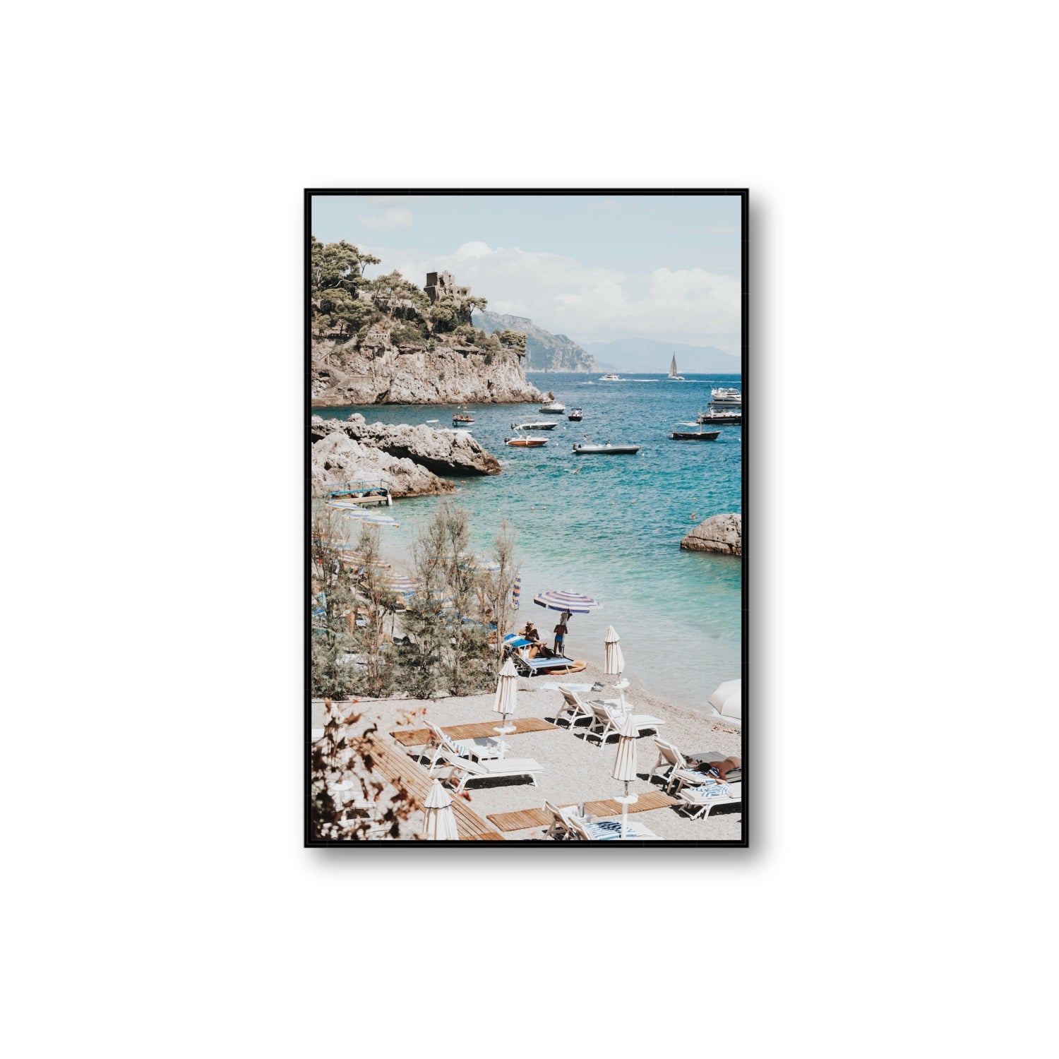 Sizzling Summer Days Amalfi coastal wall art Extra Large fine art canvas in black float frame
