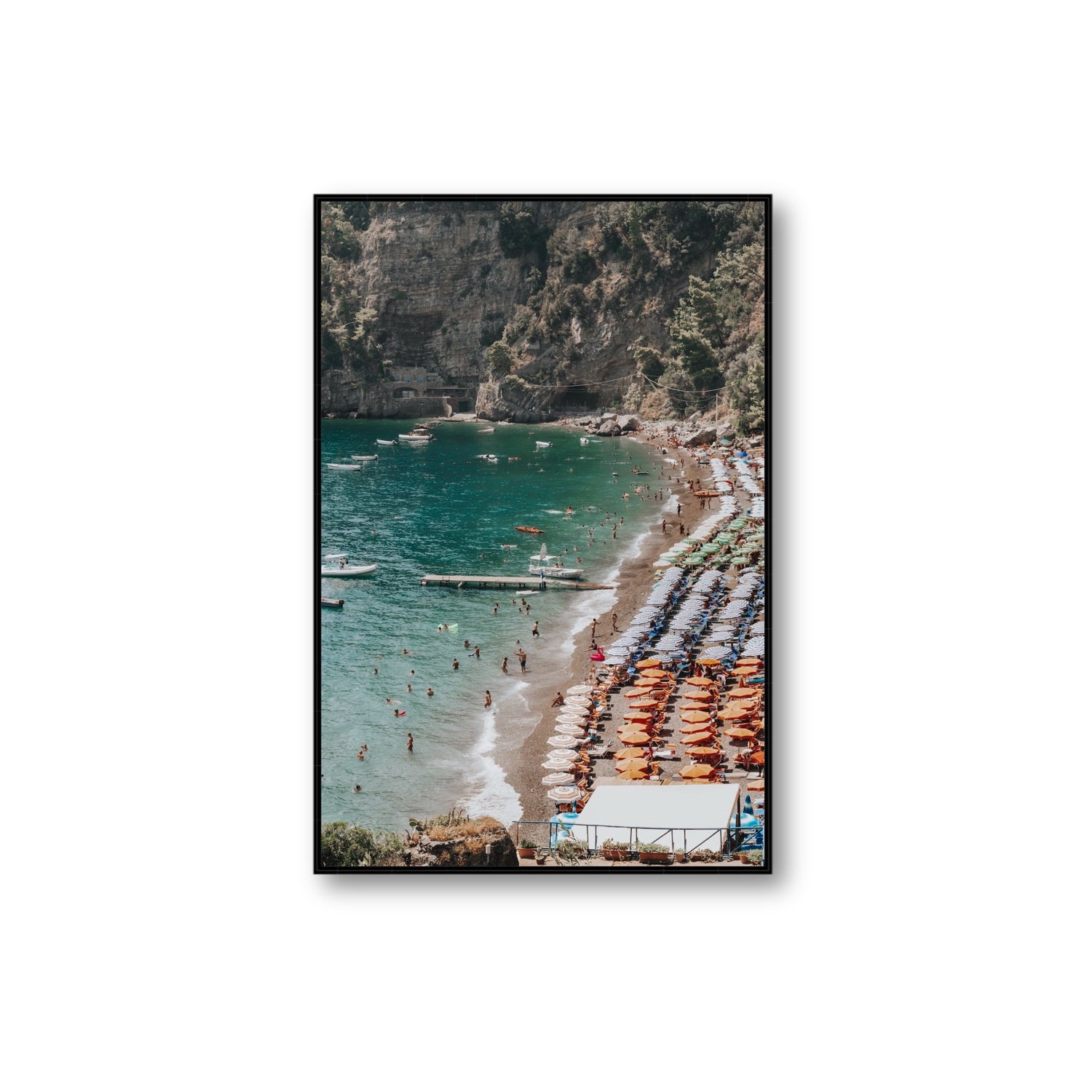 Parasol Panorama fine art print, Positano, Italy, Extra Large, Black Float Frame, Fine Art Canvas