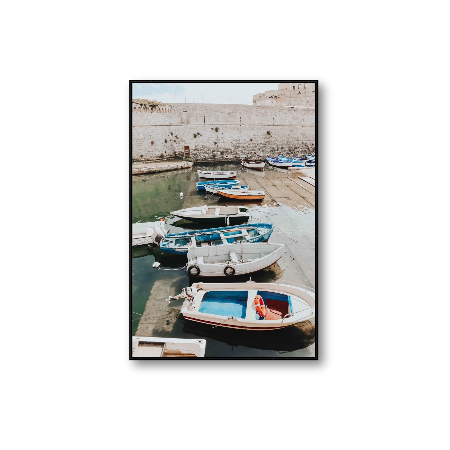 Harbour Palette Puglia coastal photography wall art Extra Large fine art canvas in black float frame