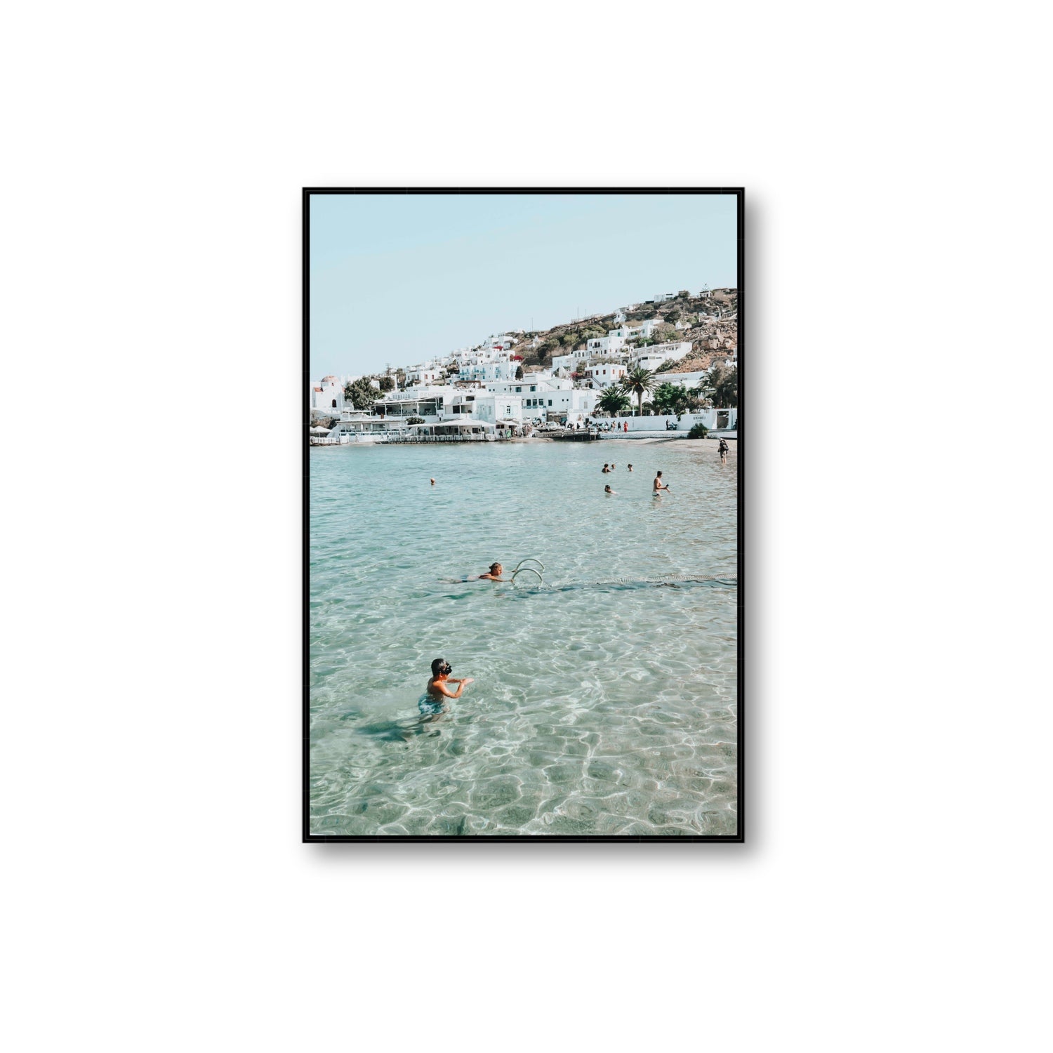 Beside The Seaside Mykonos beach Greek island wall art Extra Large fine art canvas in black float frame
