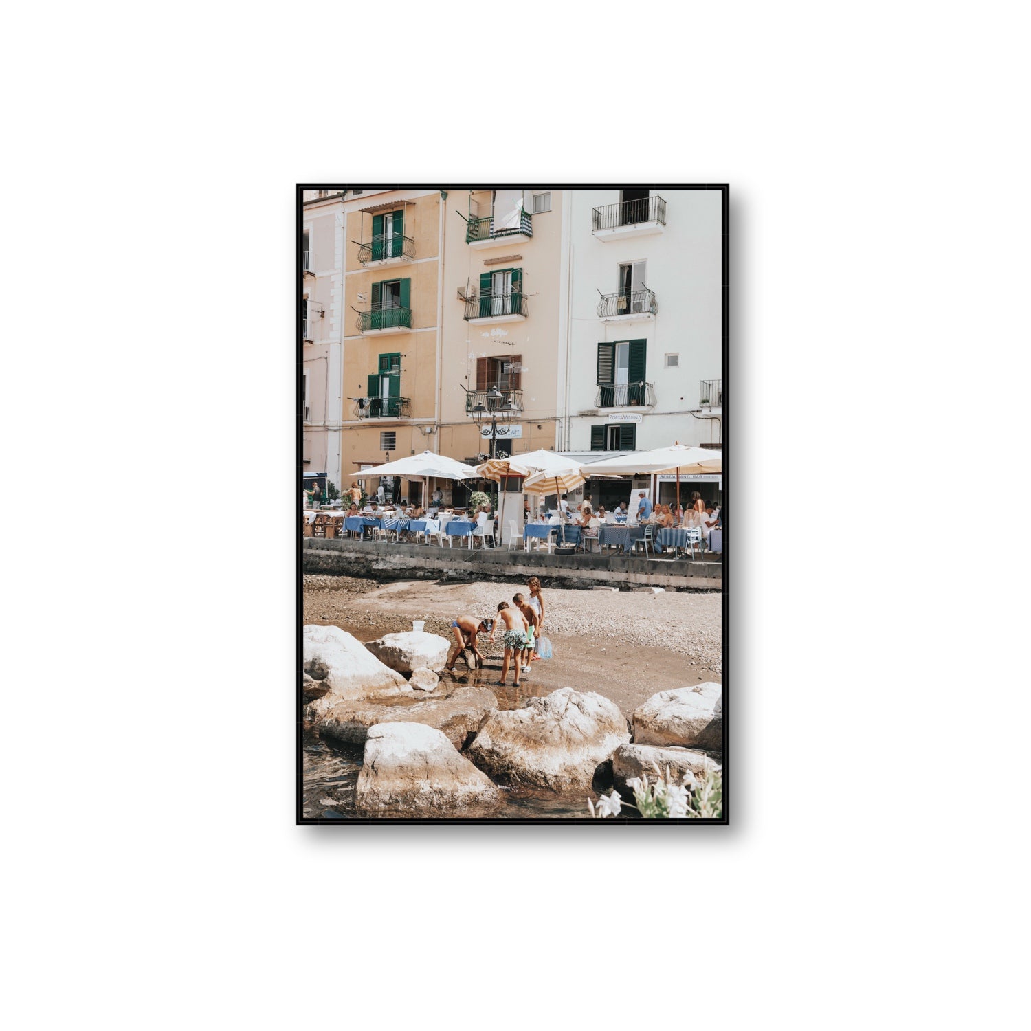 Sunny Playtime Sorrento coastal wall art Extra Large fine art canvas in black float frame