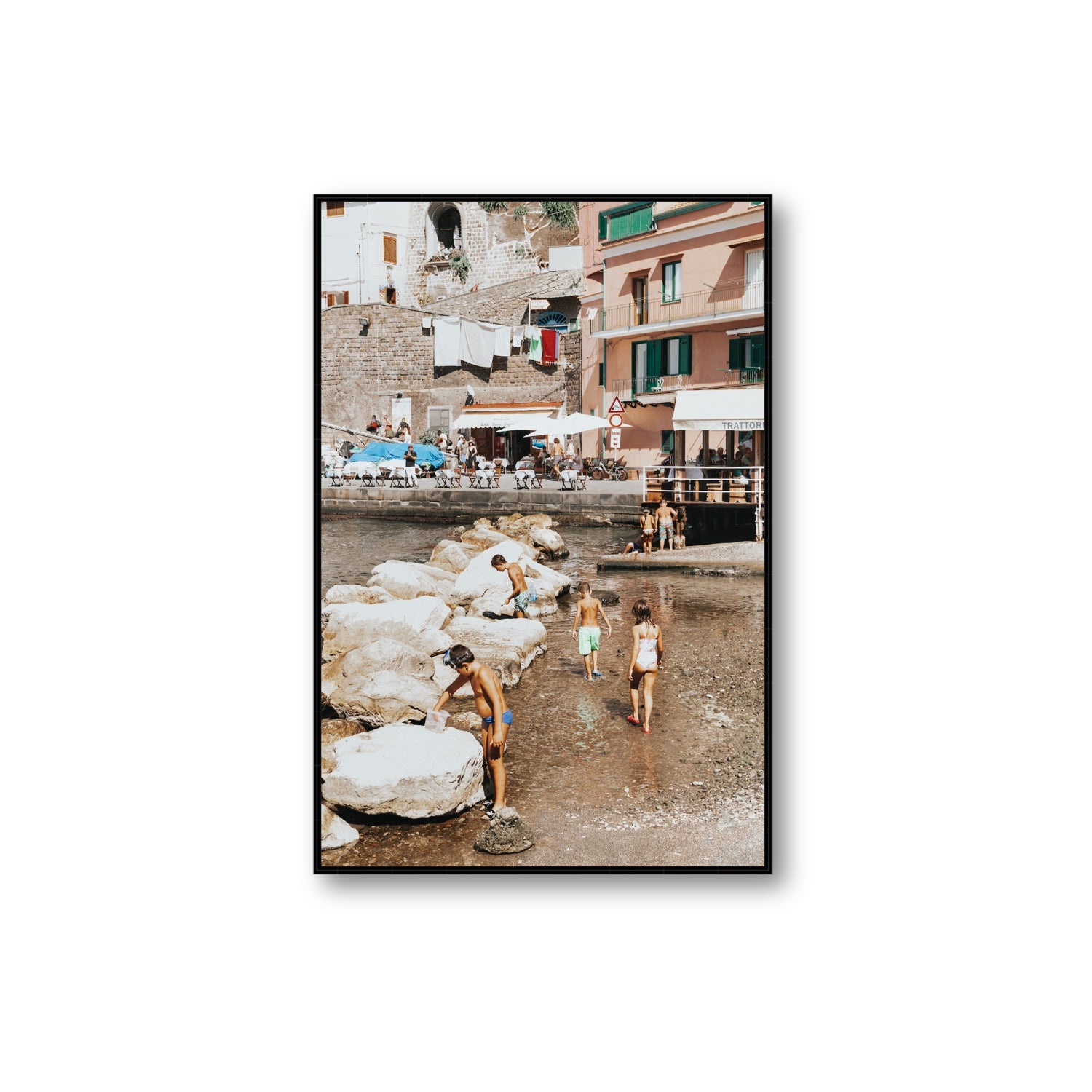 The Beachcombers Sorrento beach coastal wall art Extra Large fine art canvas in black float frame
