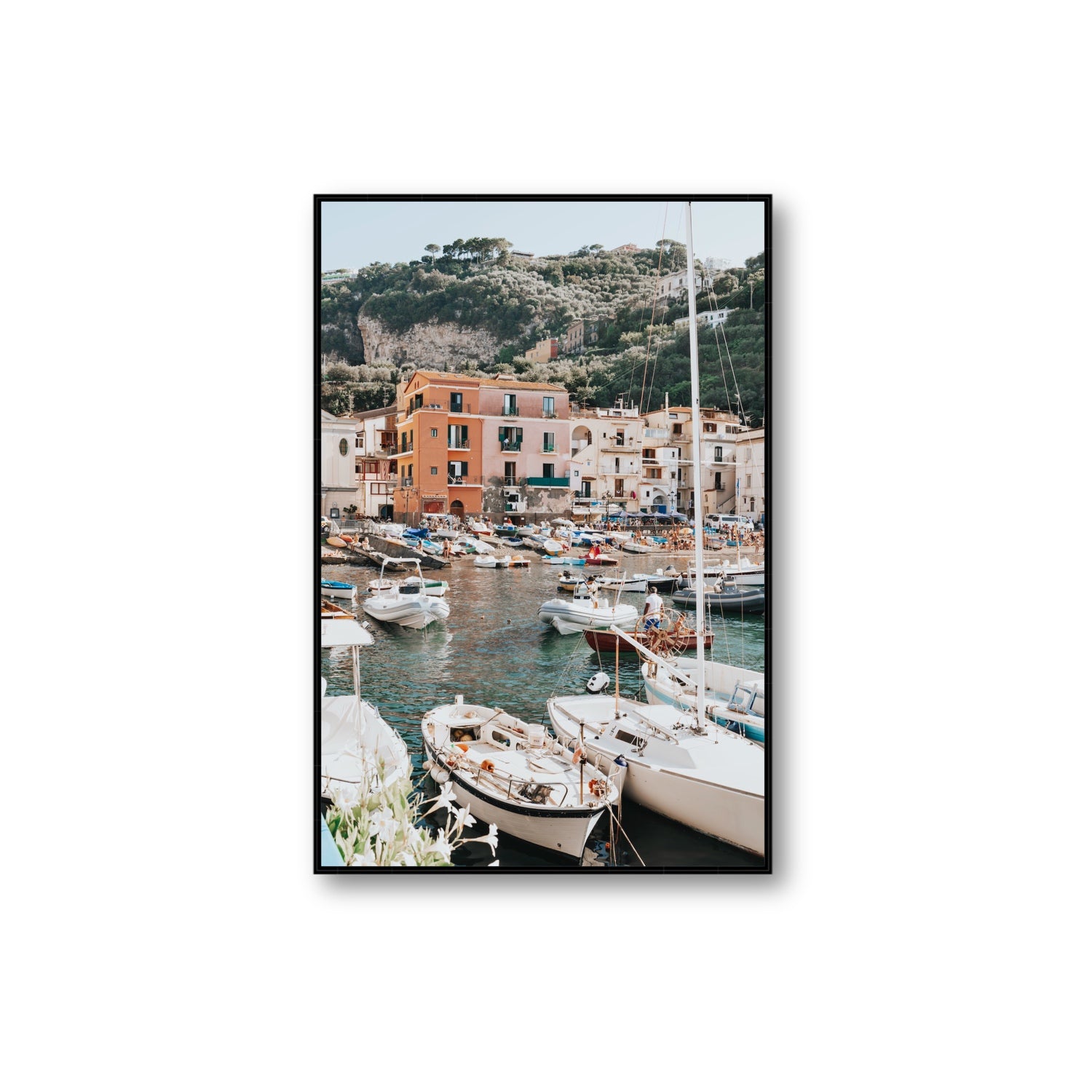 Marina Grande Sorrento coastal Italian wall art Extra Large fine art canvas in black float frame