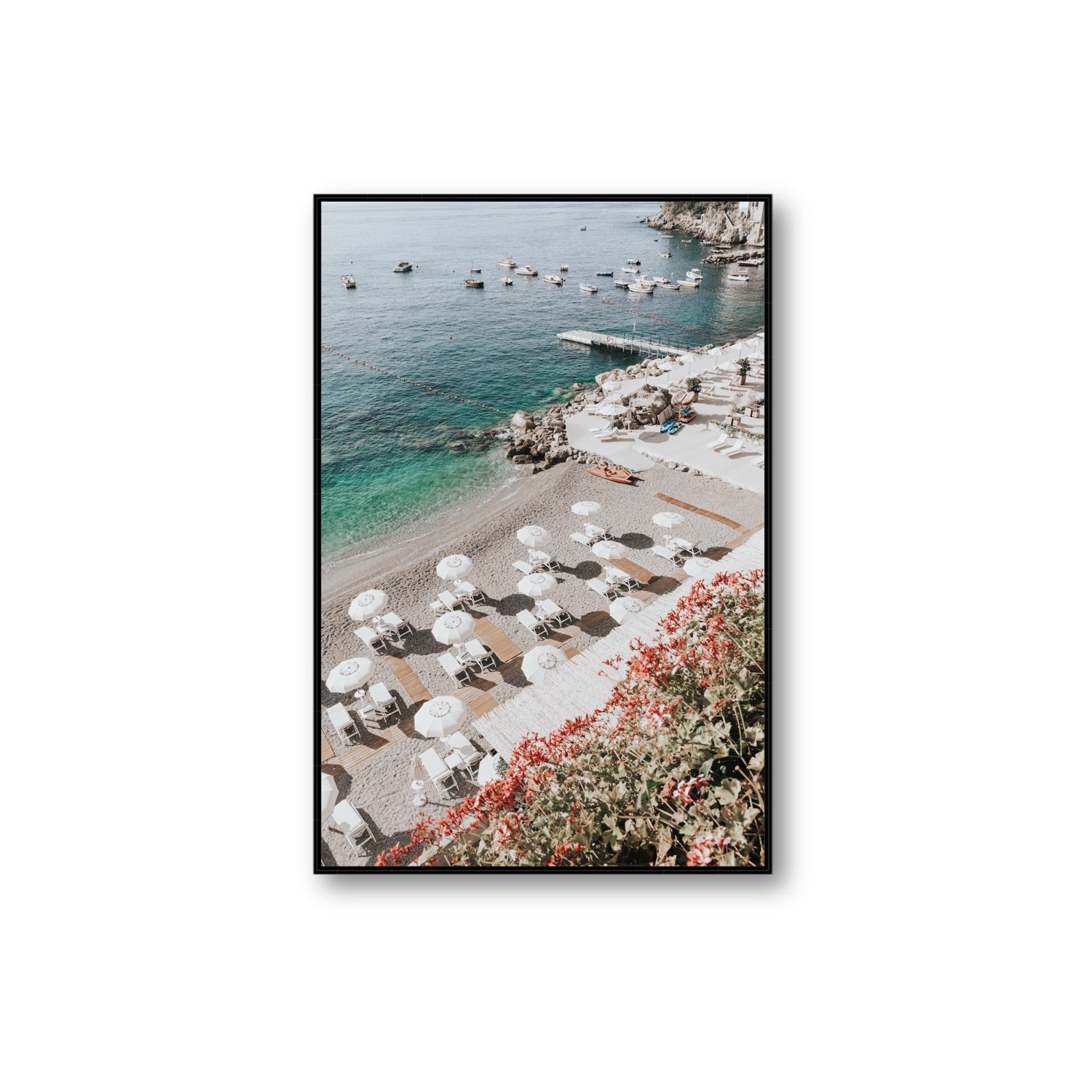 Tranquil Oasis Amalfi coastal wall art Extra Large fine art canvas in black float frame