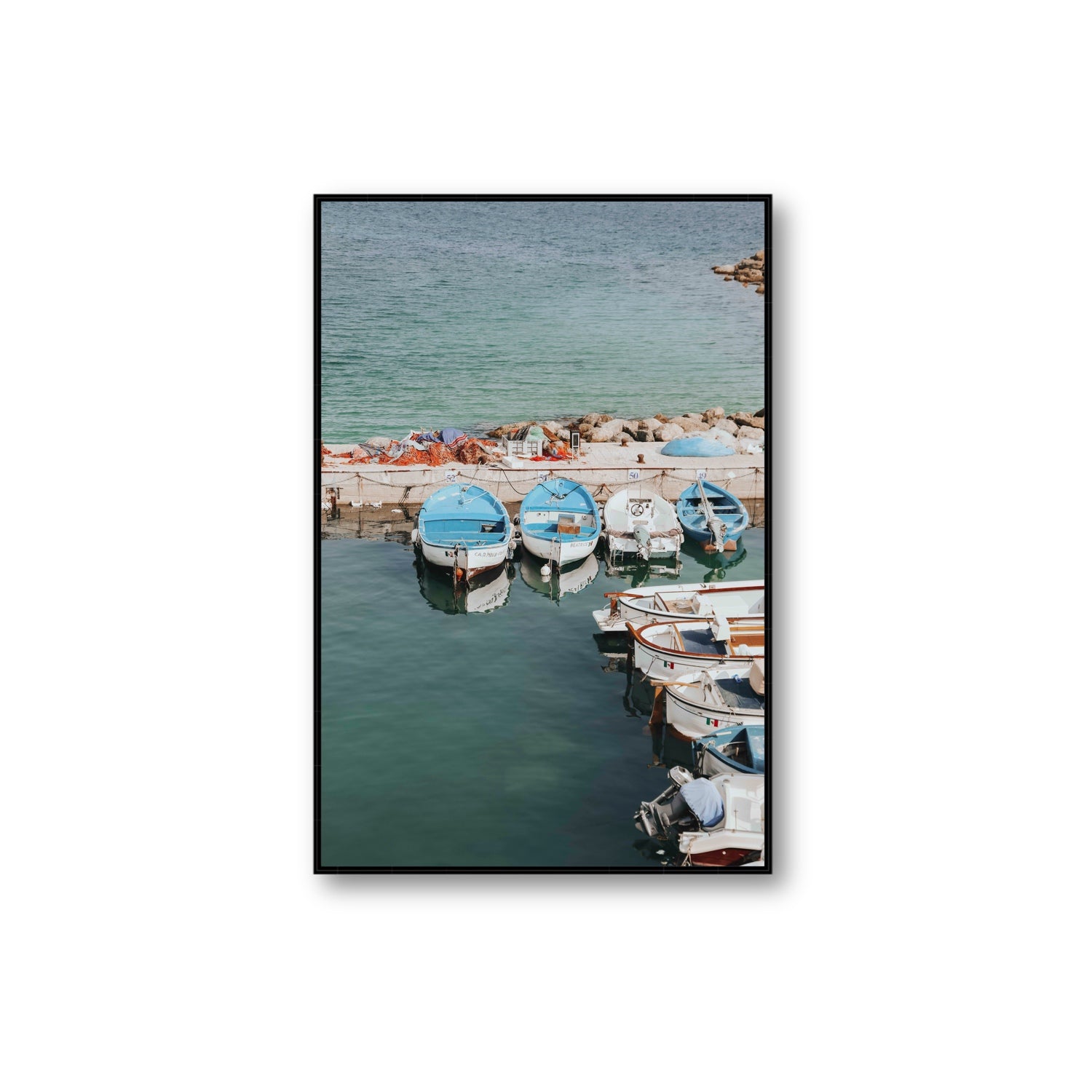 Maritime Memories Puglia Harbour Reflections coastal wall art Extra Large fine art canvas in black float frame