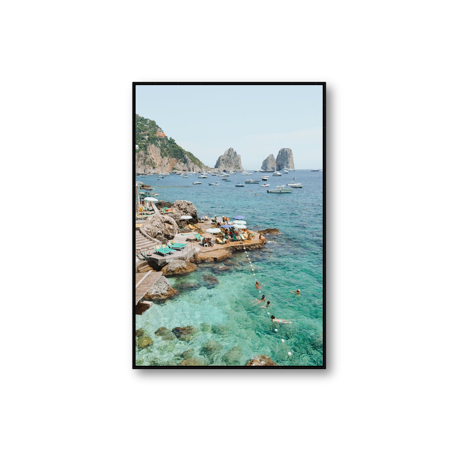 Summertime Blues Capri Mediterranean wall art Extra Large fine art canvas in black float frame