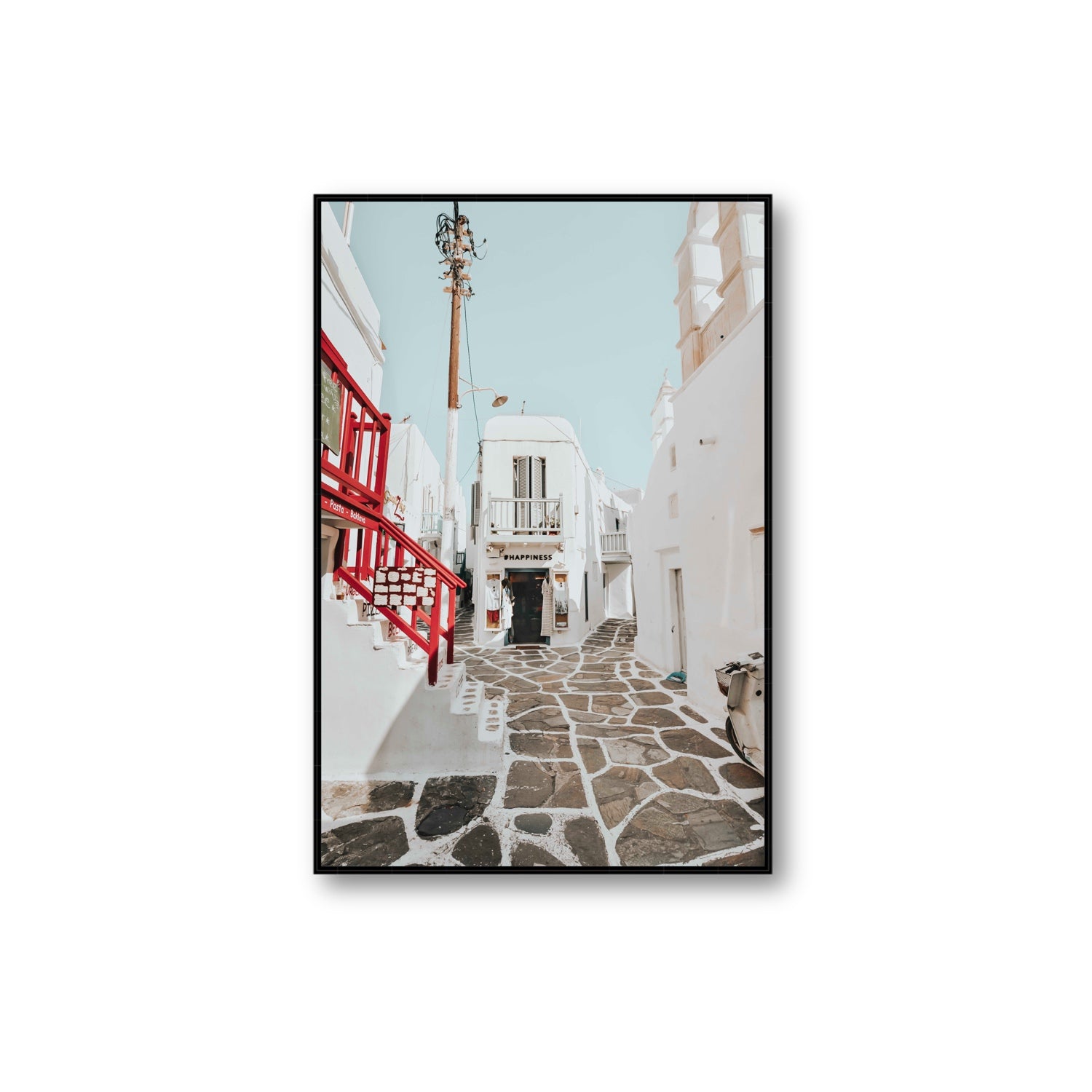 Happiness Mykonos Greek island wall art Extra Large fine art canvas in black float frame