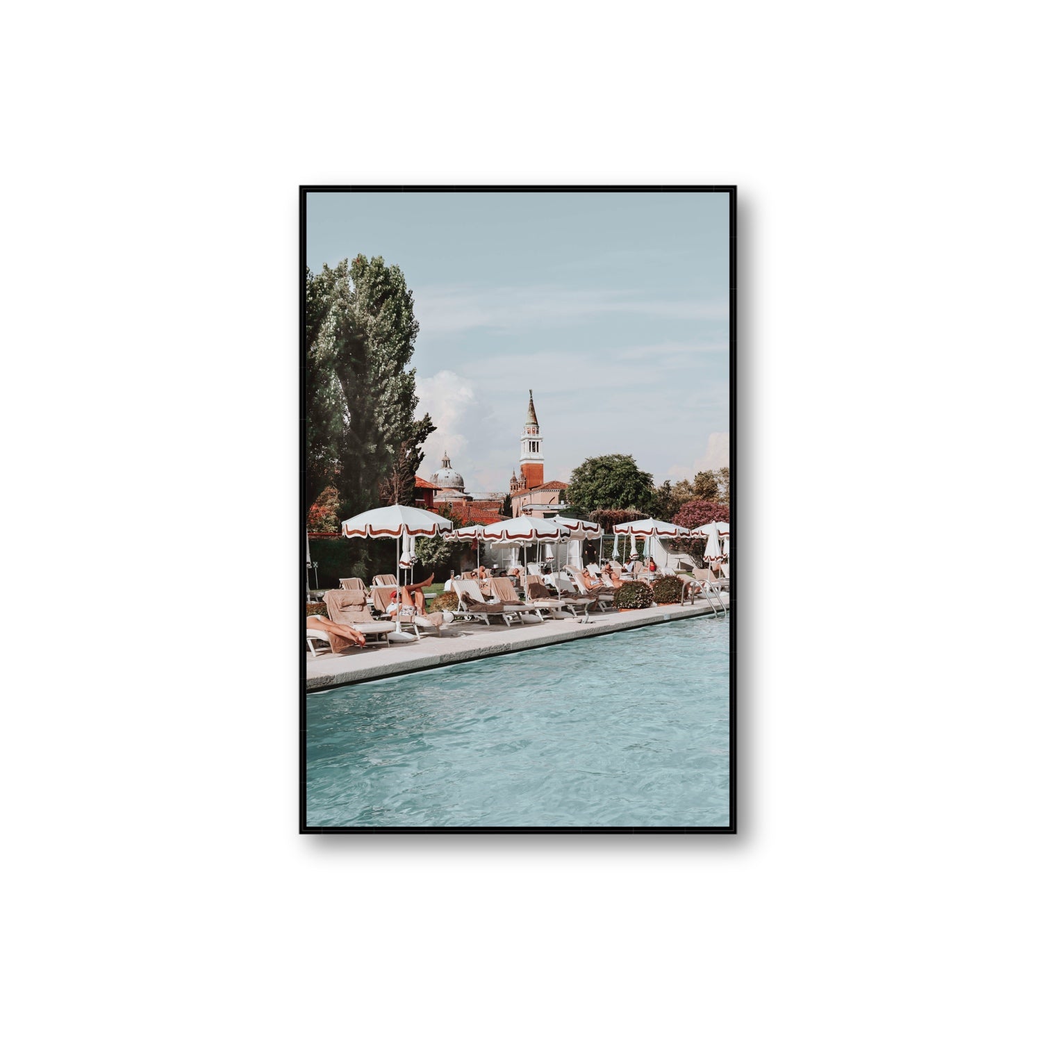Poolside Perch Venice Italian wall art Extra Large fine art canvas in black float frame