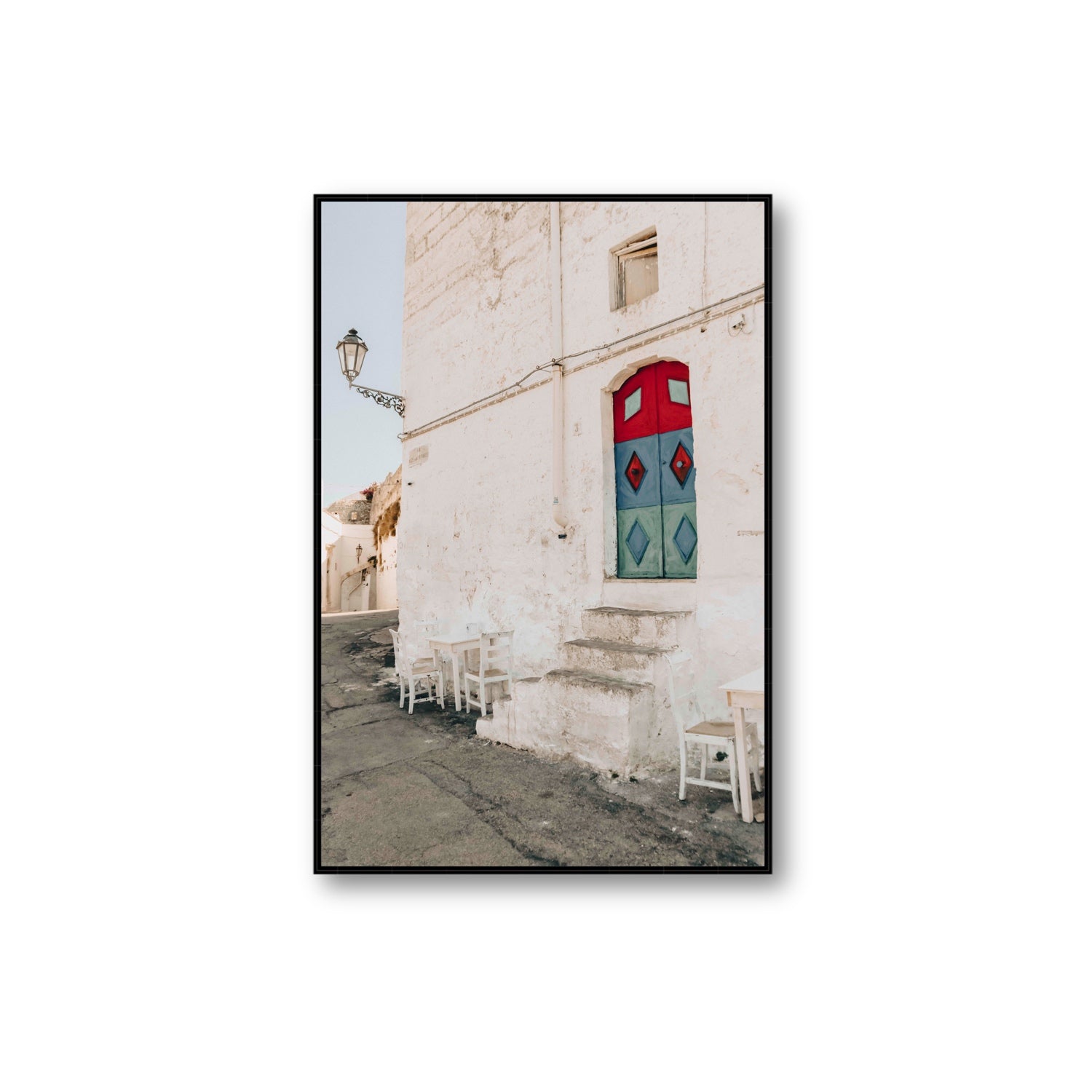 Doorway Delight Puglia Ostuni wall art Extra Large fine art canvas in black float frame