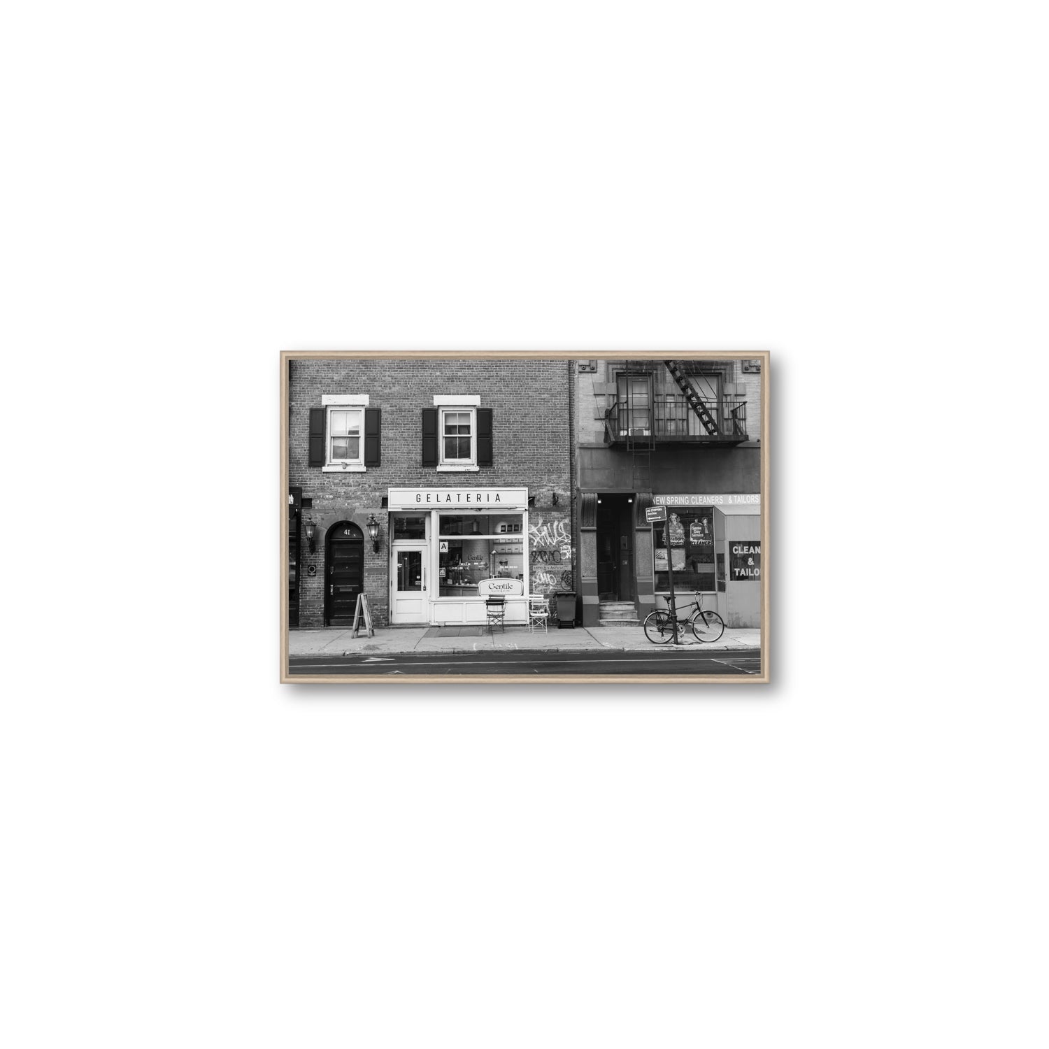 West Village Dolcezza New York NYC Black & White wall art Medium fine art canvas in natural oak float frame