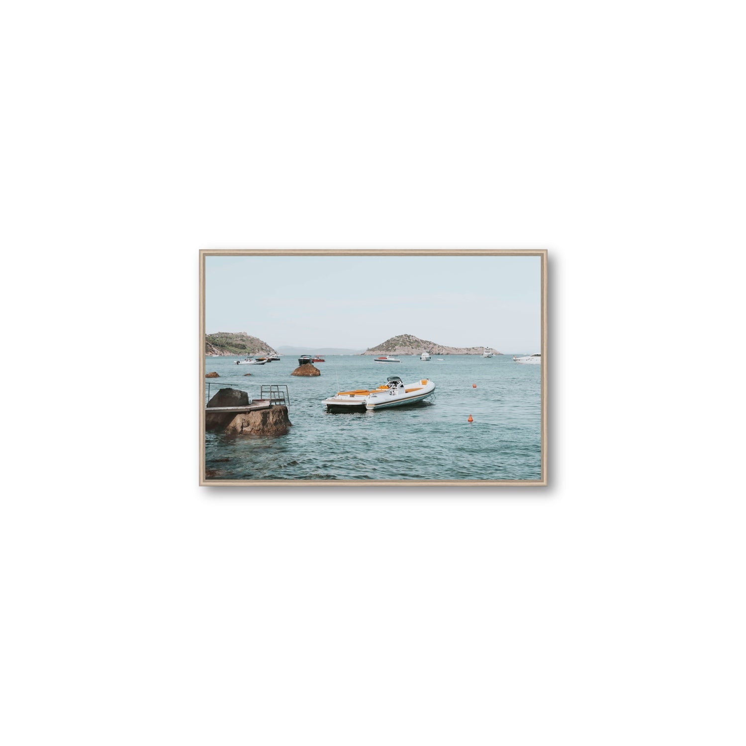 The Azure Sea Tuscany coastal Italian wall art Medium fine art canvas in natural oak float frame