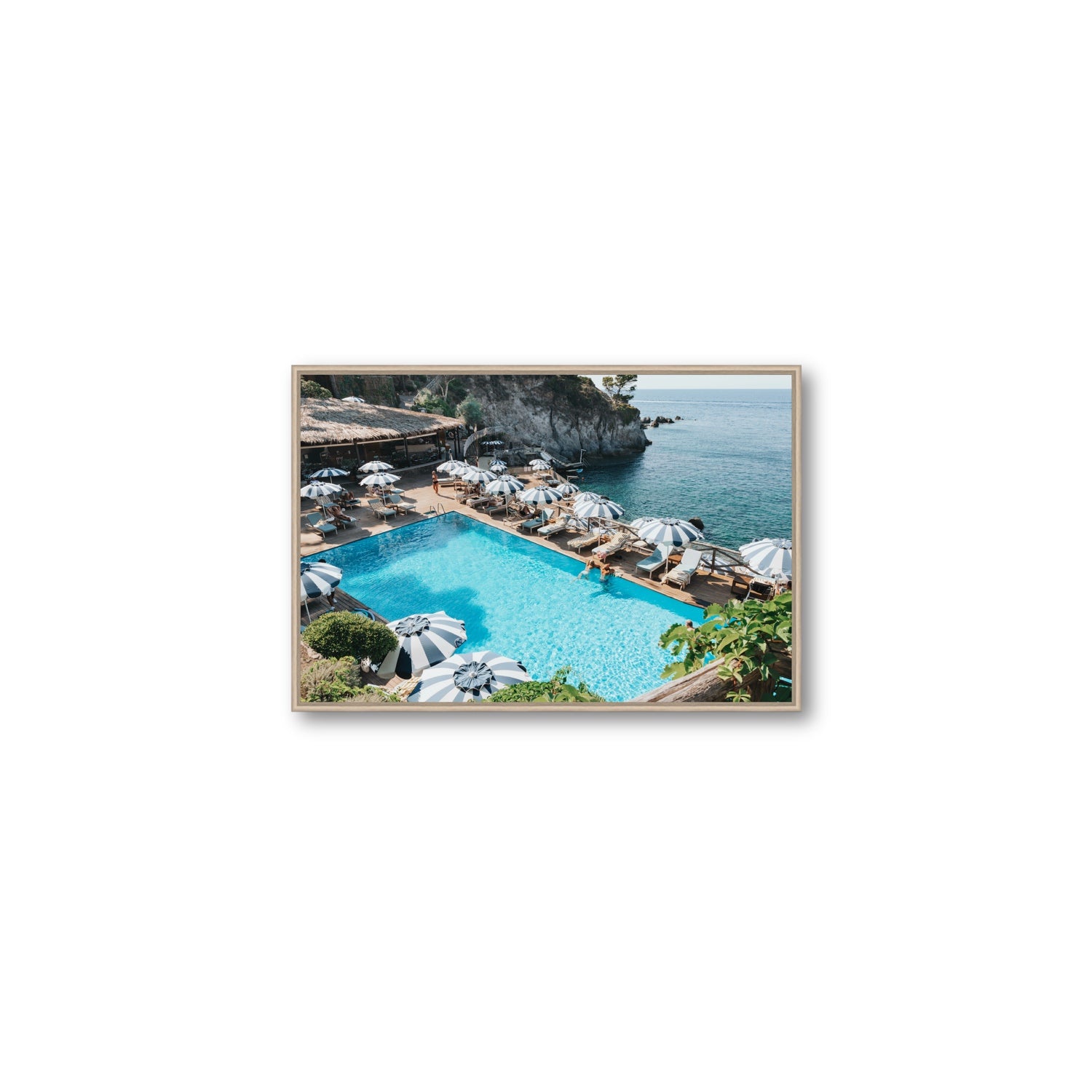 Oceanview Ischia Italian coastal wall art Medium fine art canvas in natural oak float frame