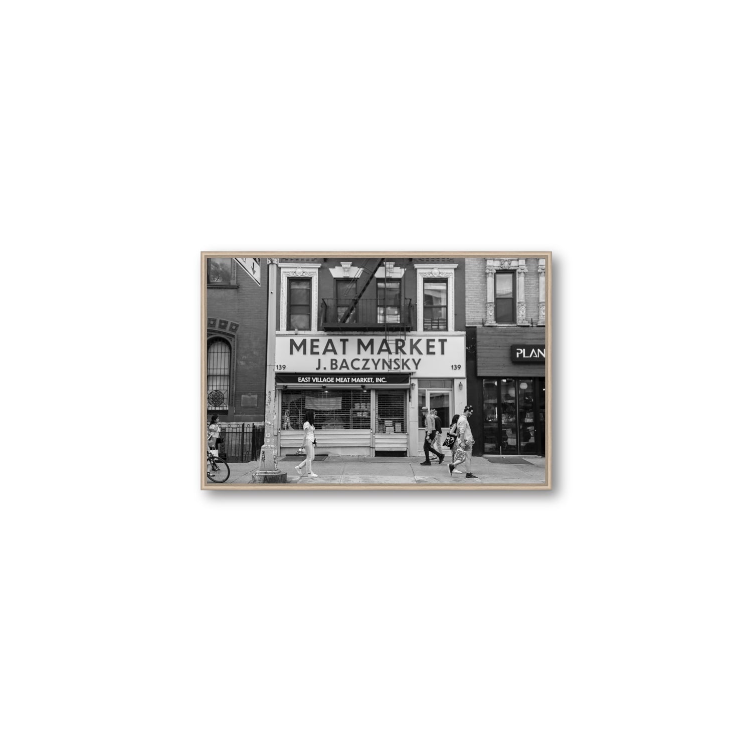 Meat District New York NYC Black & White wall art Medium fine art canvas in natural oak float frame