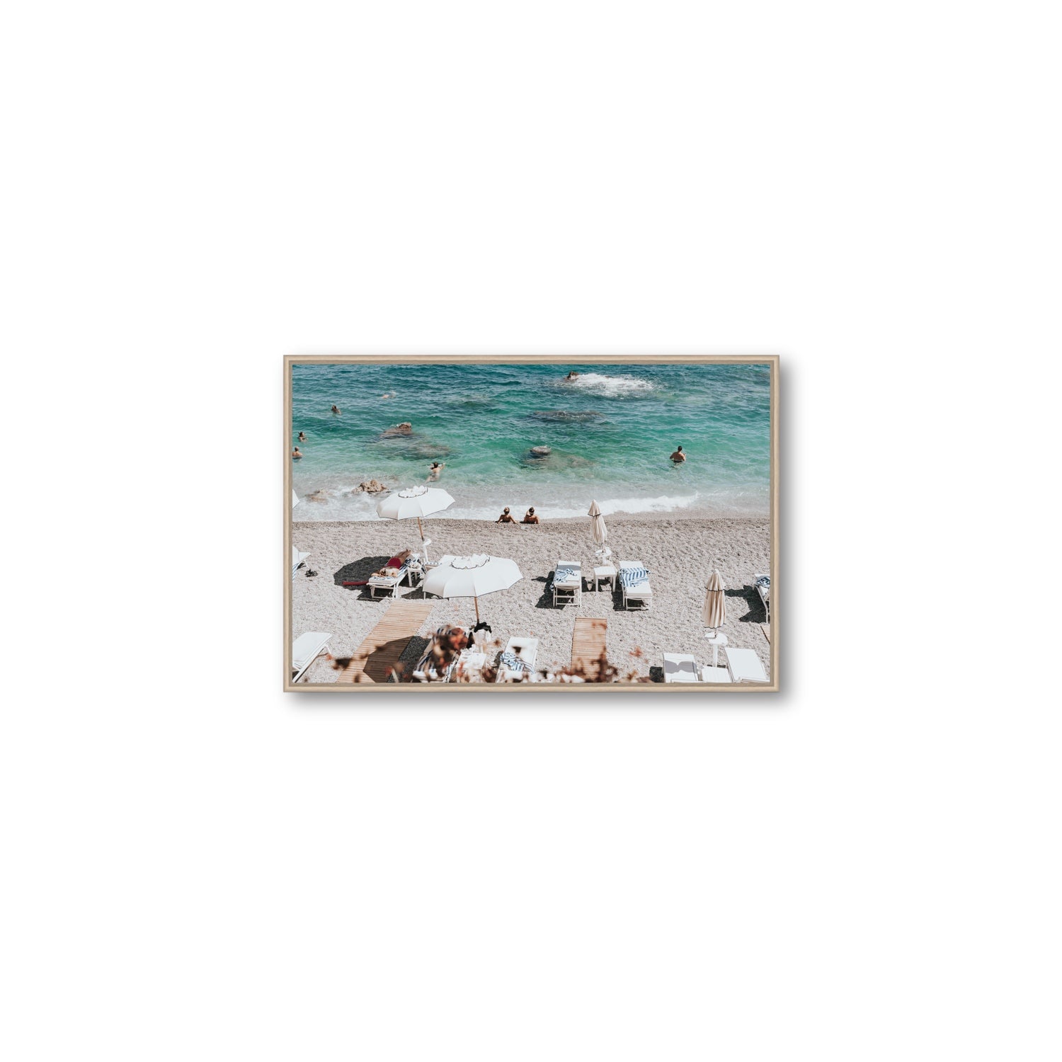 Amicizia Amalfi Italian beach wall art Medium fine art canvas in natural oak float frame