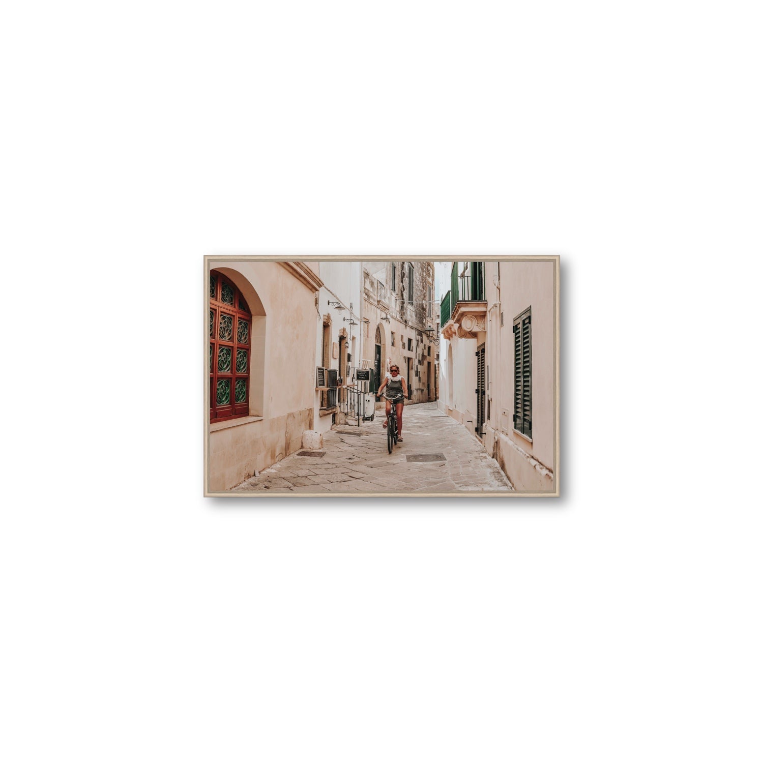 La Donna In Bicicletta Puglia Wall Italian fine art print Medium fine art canvas in natural oak float frame