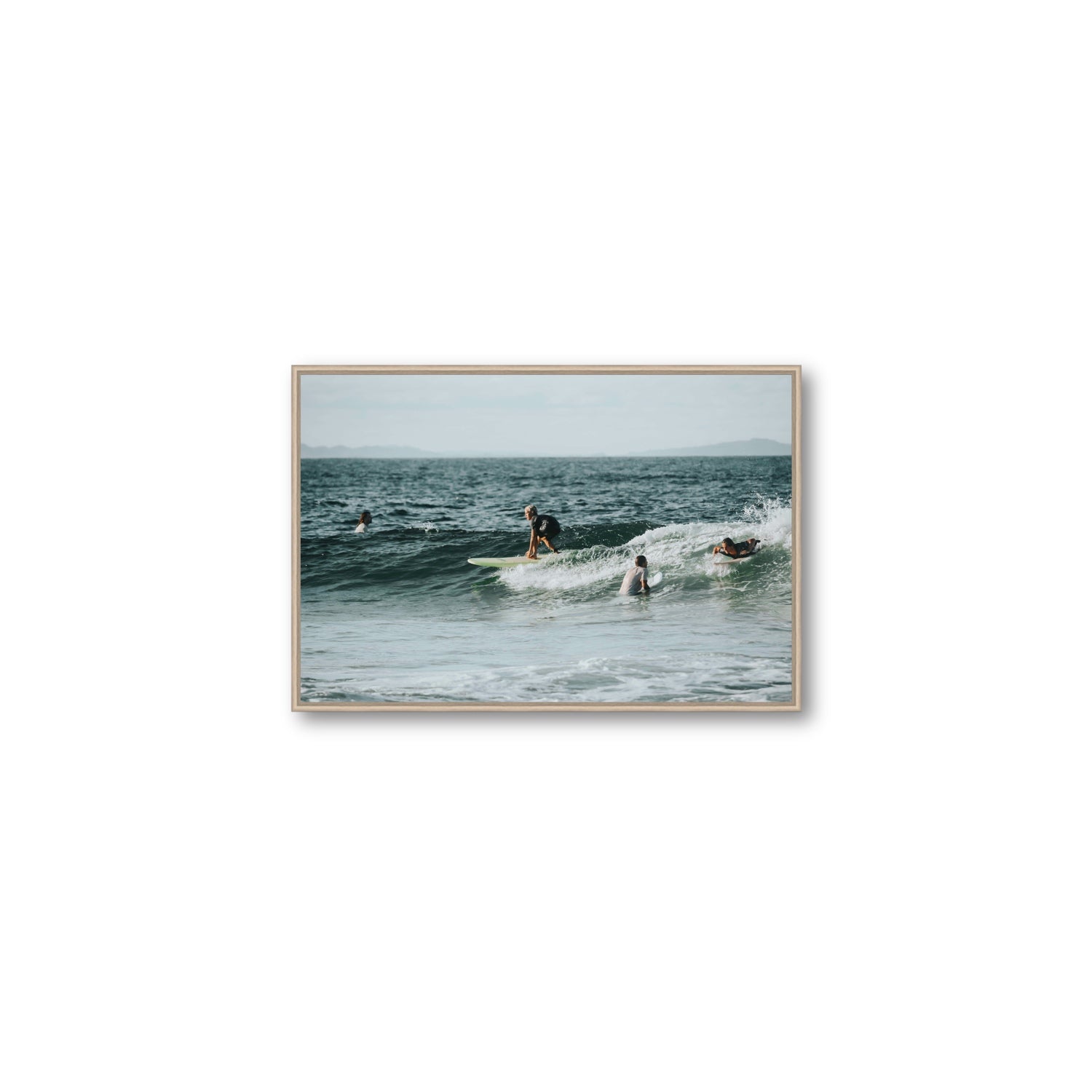 The Boys of Summer Byron Bay Surf coastal wall art Medium fine art canvas in natural oak float frame