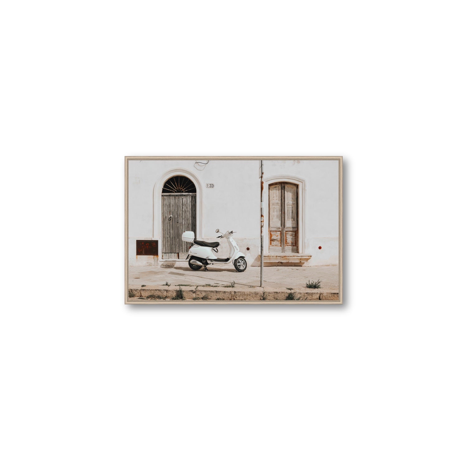 Vespa Nostalgia Puglia Italian wall art Medium fine art canvas in natural oak float frame