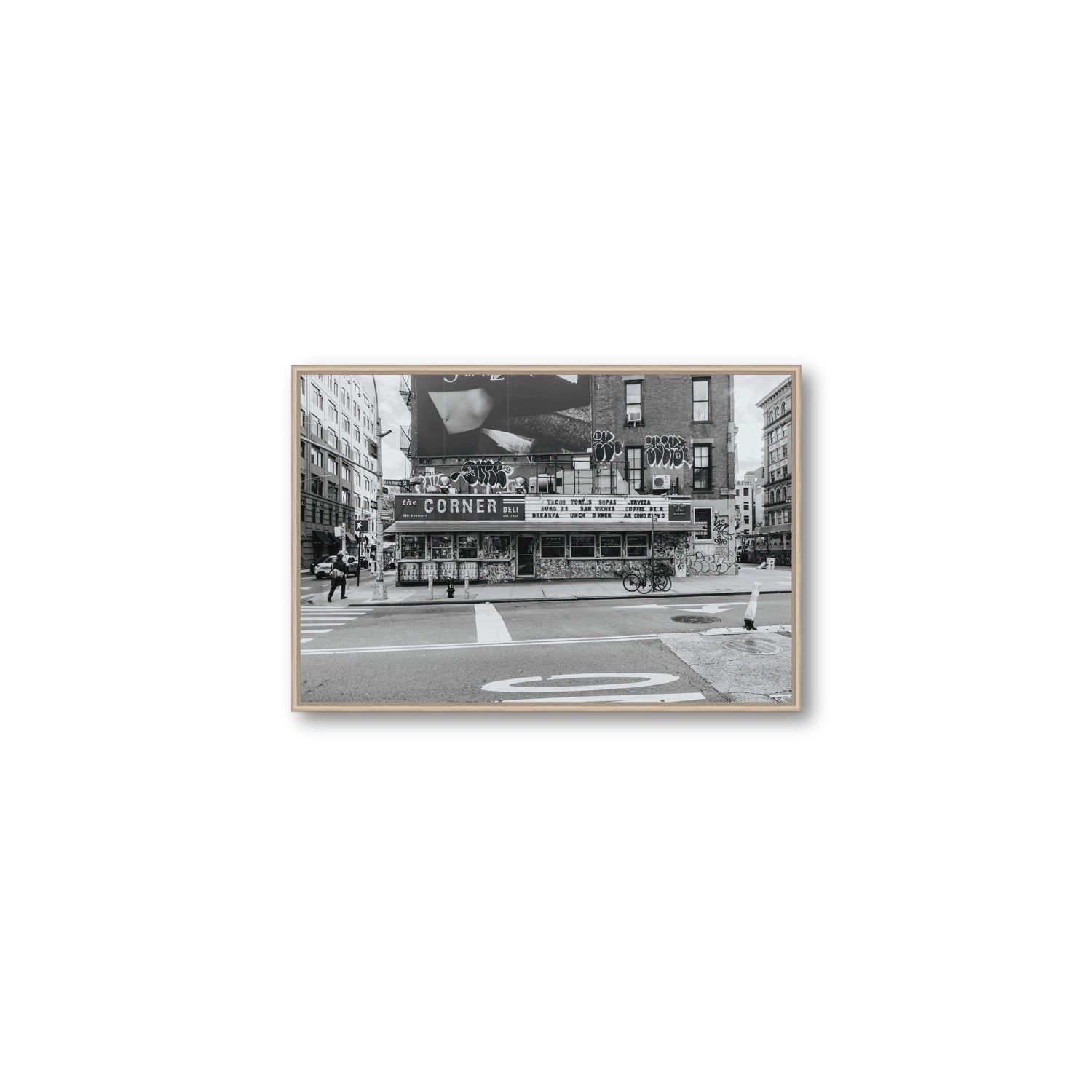Kenmare Street New York NYC Black & White wall art Medium fine art canvas in natural oak float frame