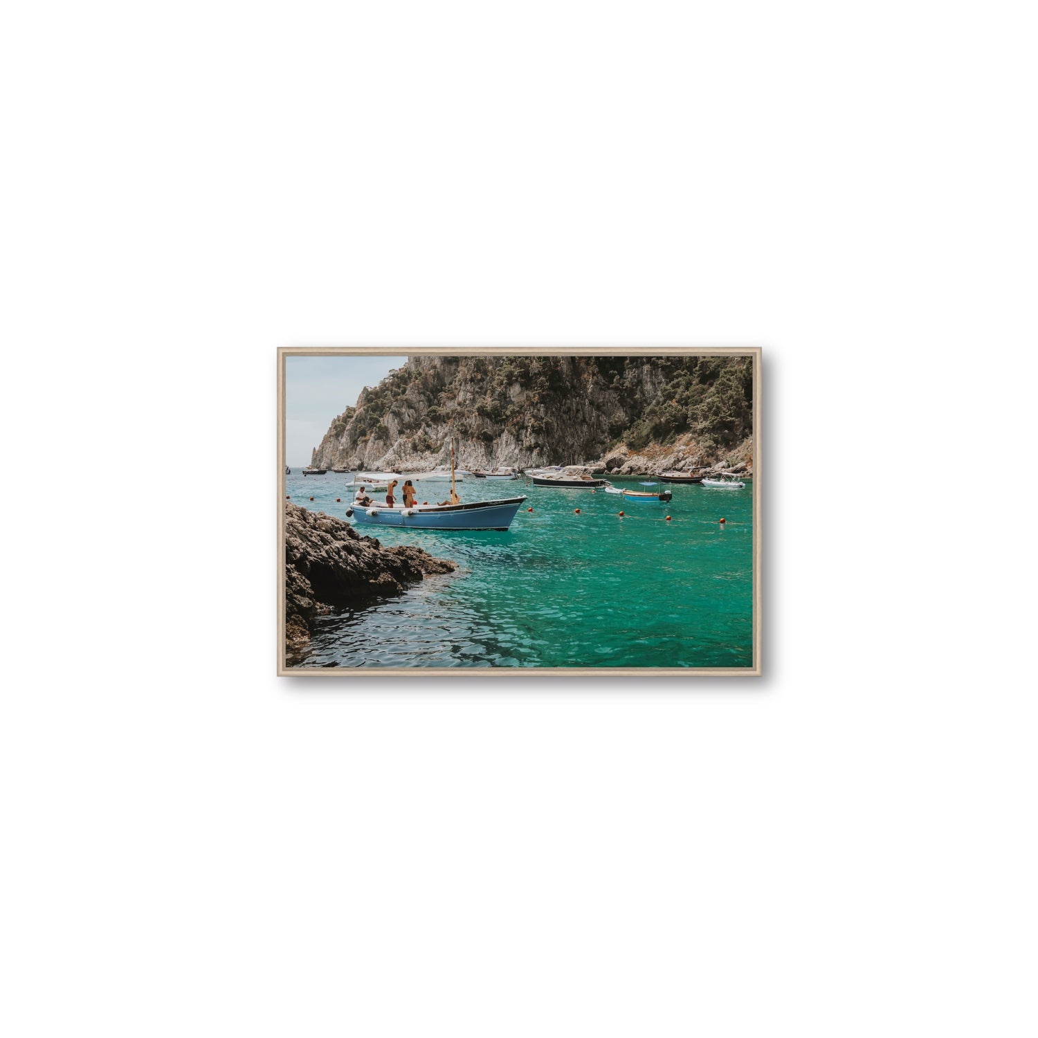 Cozy Cove Capri coastal Mediterranean wall art Medium fine art canvas in natural oak float frame