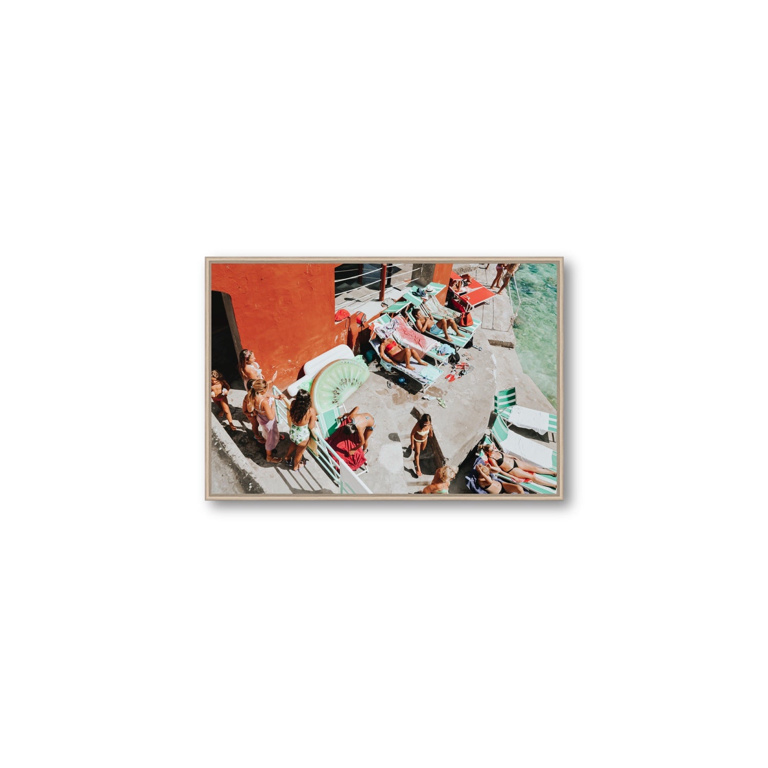 Italianita Capri beach Mediterranean wall art Medium fine art canvas in natural oak float frame