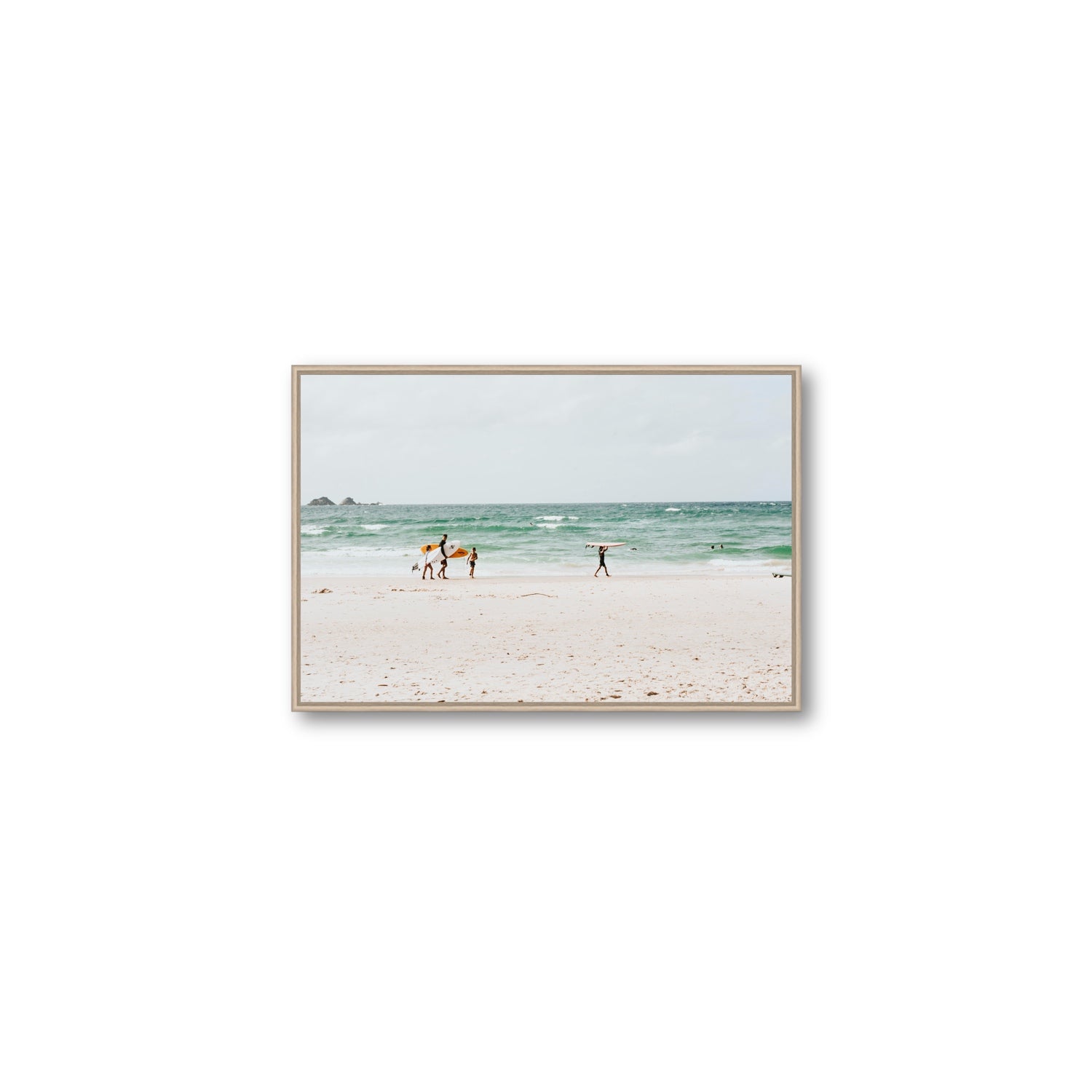 La Famiglia Byron Bay Family Surf coastal wall art Medium fine art canvas in natural oak float frame