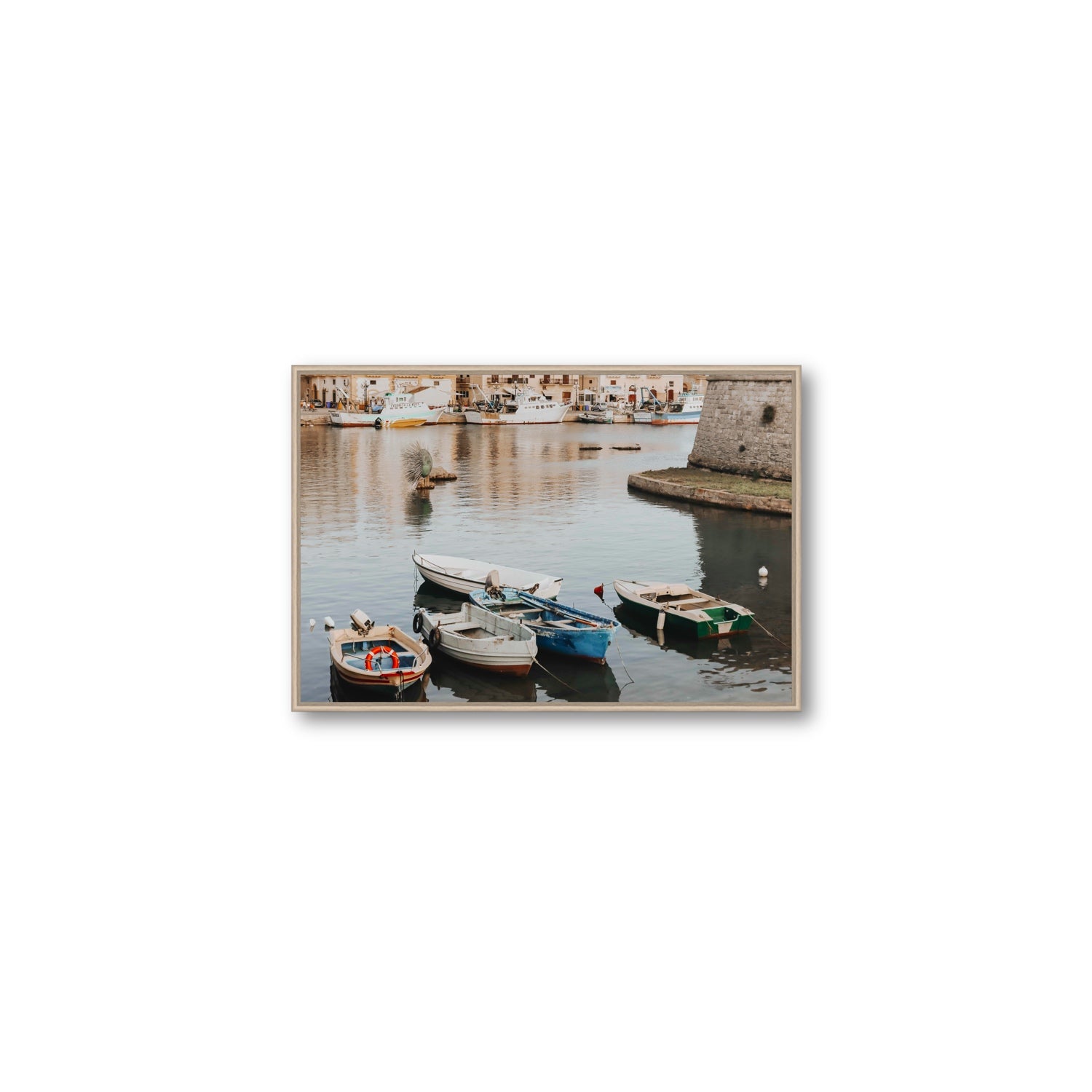 Cinque Barche Puglia Gallipoli Italian art print Medium fine art canvas in natural oak float frame