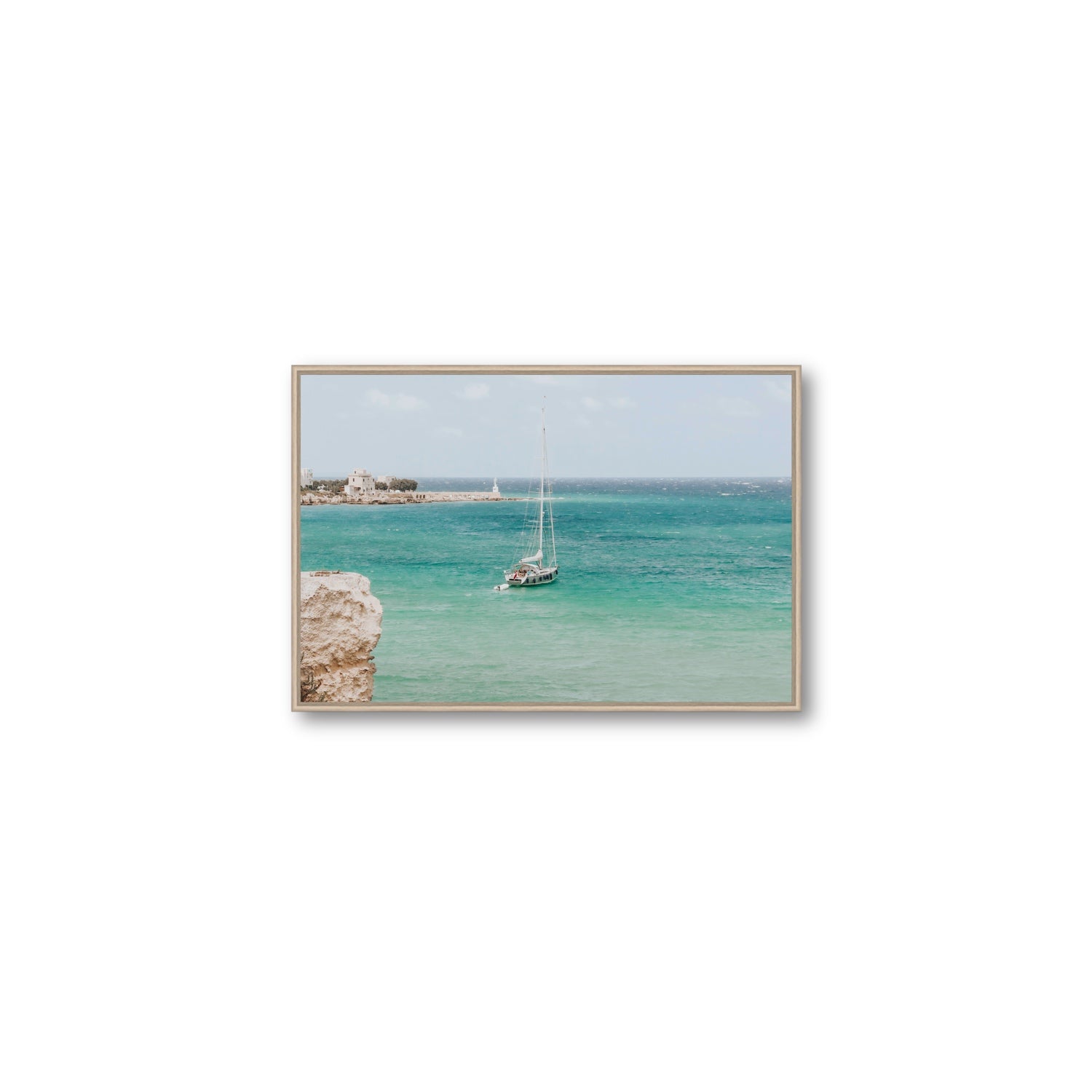 Adriatic Escape Puglia Italian coastal decor wall art Medium fine art canvas in natural oak float frame