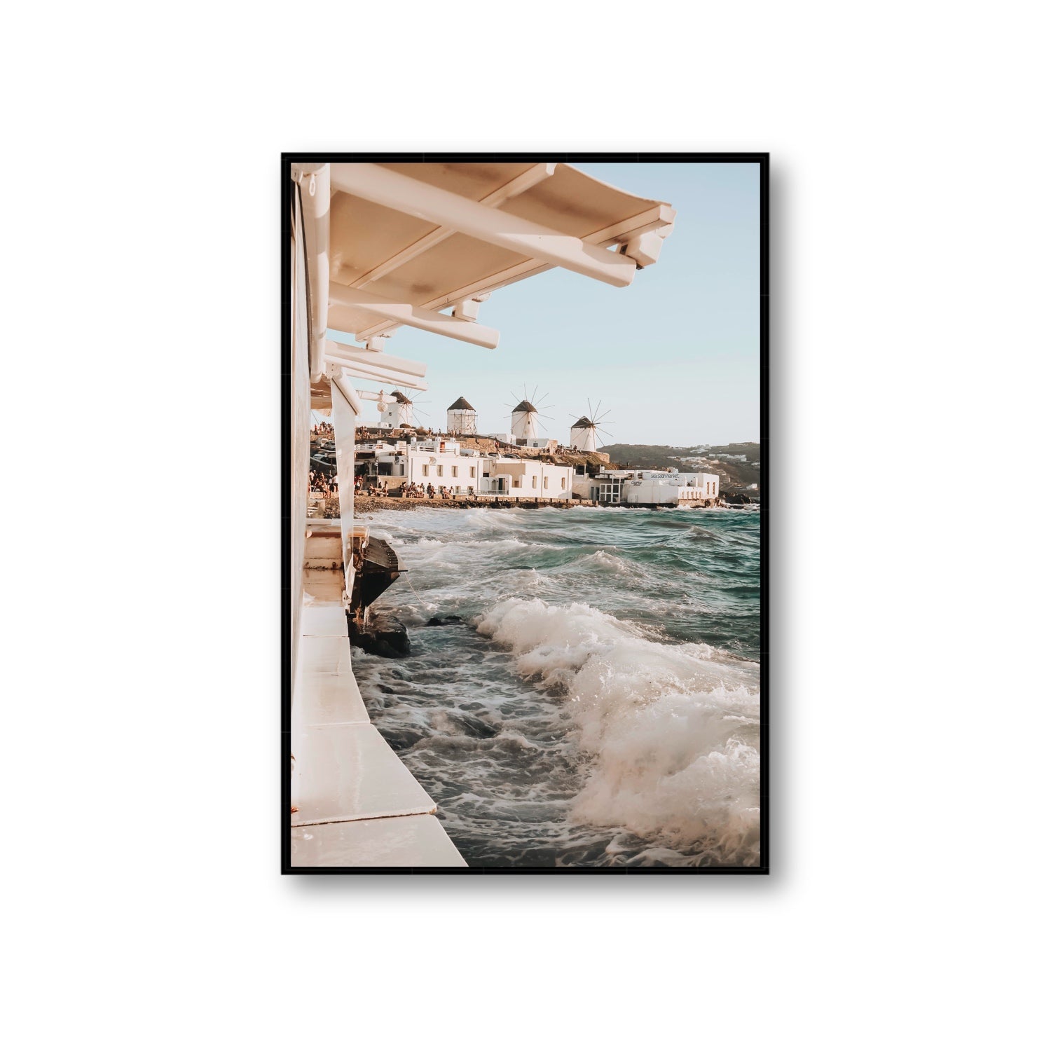 Windmills Mykonos Greek island wall art Giant fine art canvas in black float frame