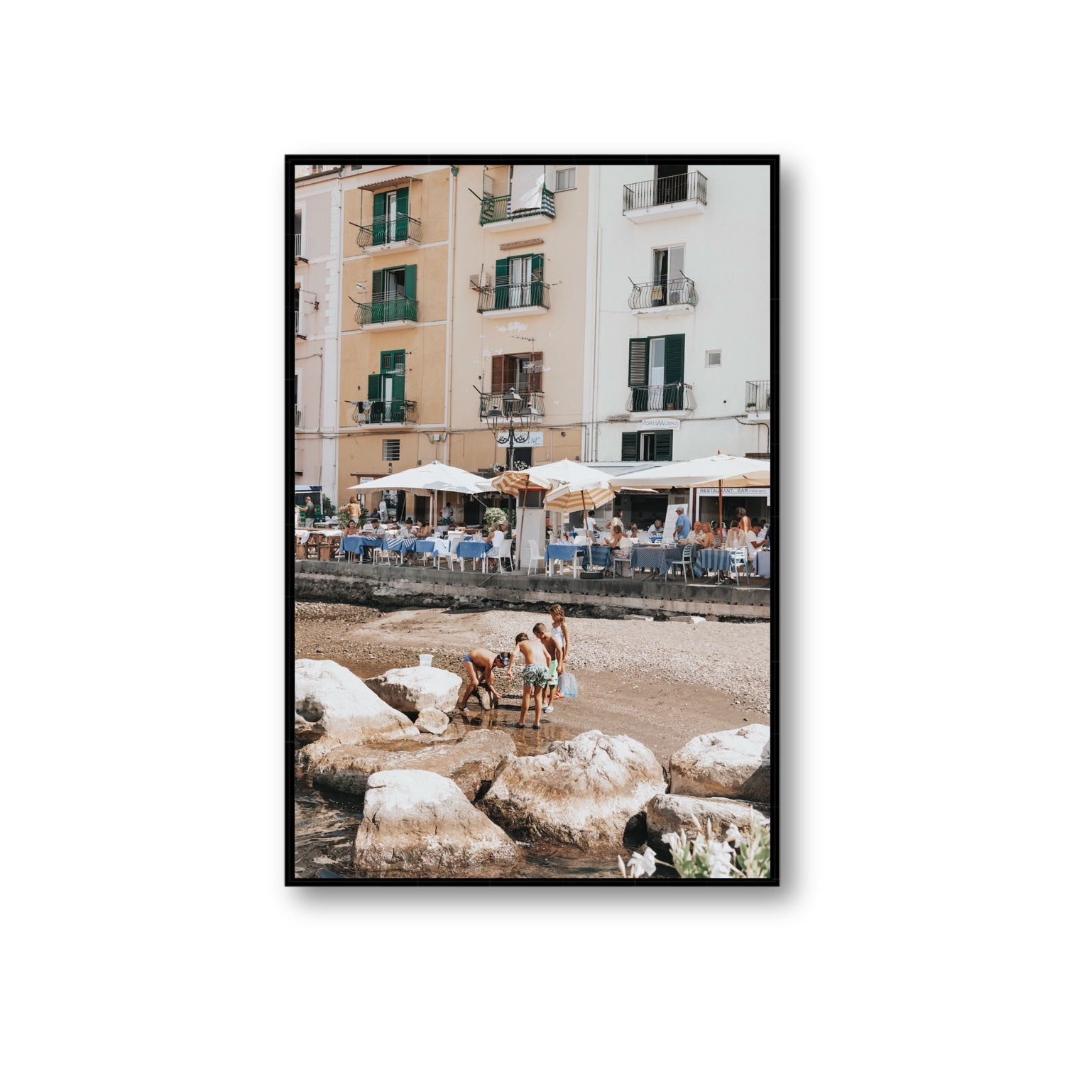 Sunny Playtime Sorrento coastal wall art Giant fine art canvas in black float frame