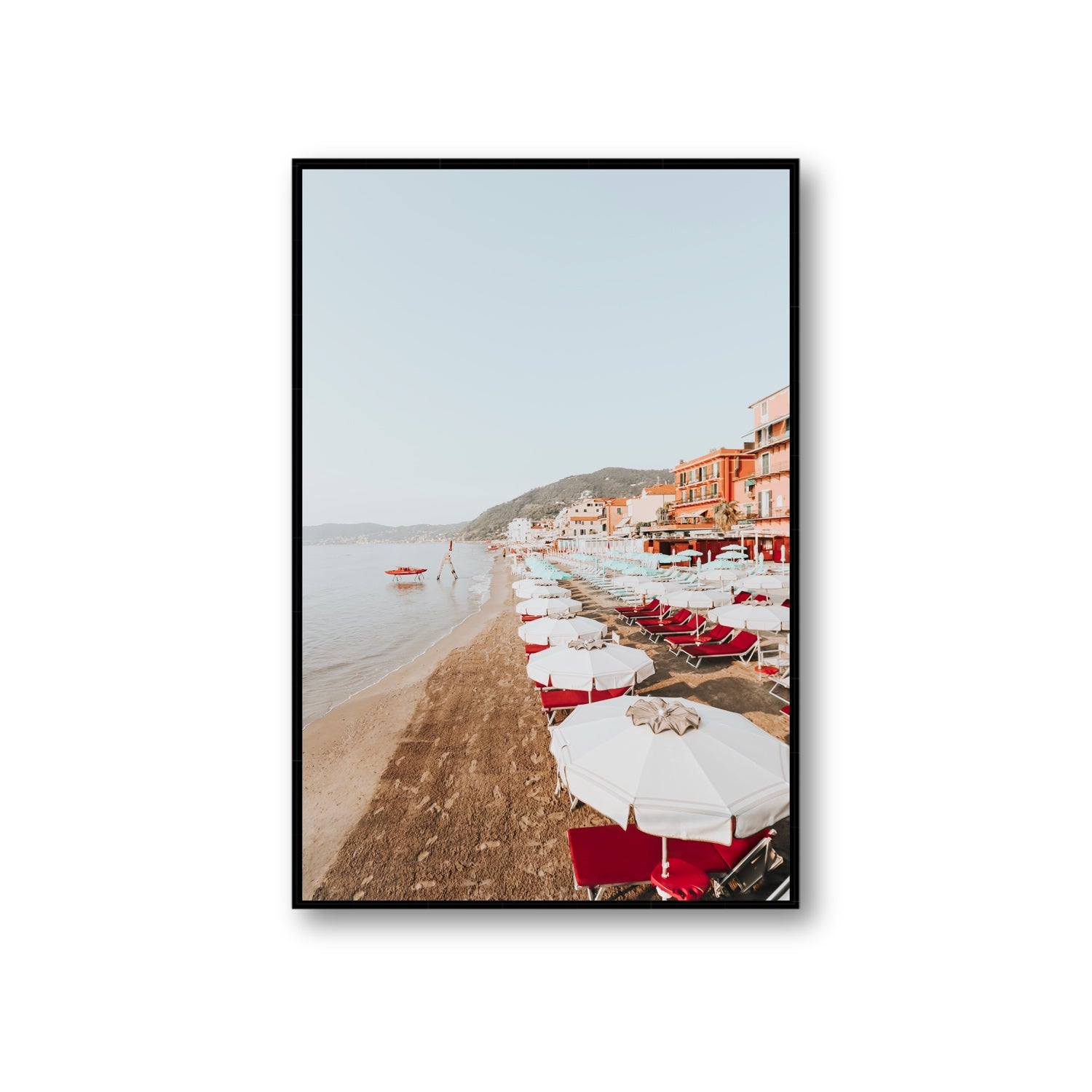 Italian Riviera fine art print, Alassio, Italy, coastal scenes artwork, Giant, Black Float Frame, Fine Art Canvas