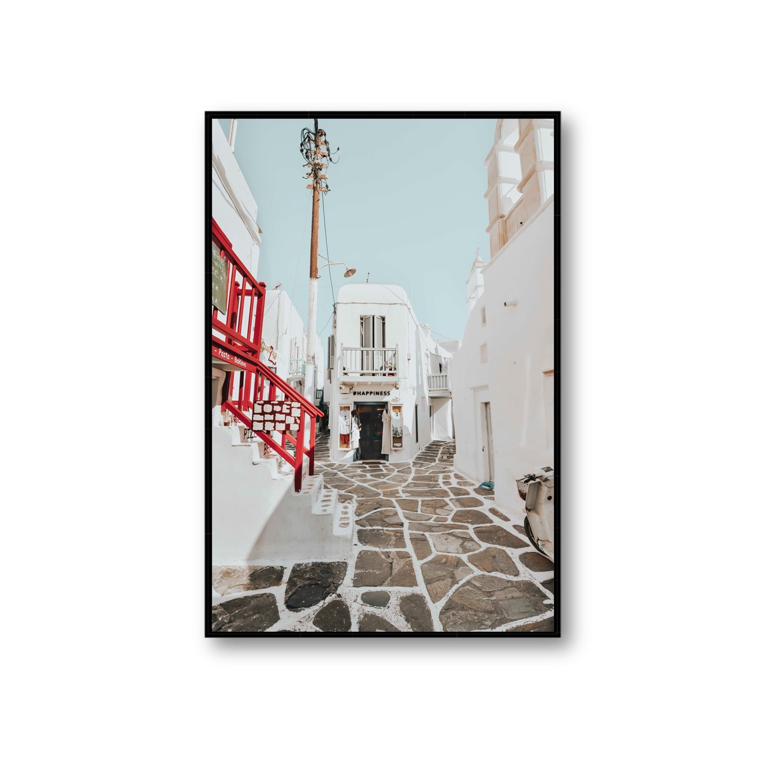 Happiness Mykonos Greek island wall art Giant fine art canvas in black float frame