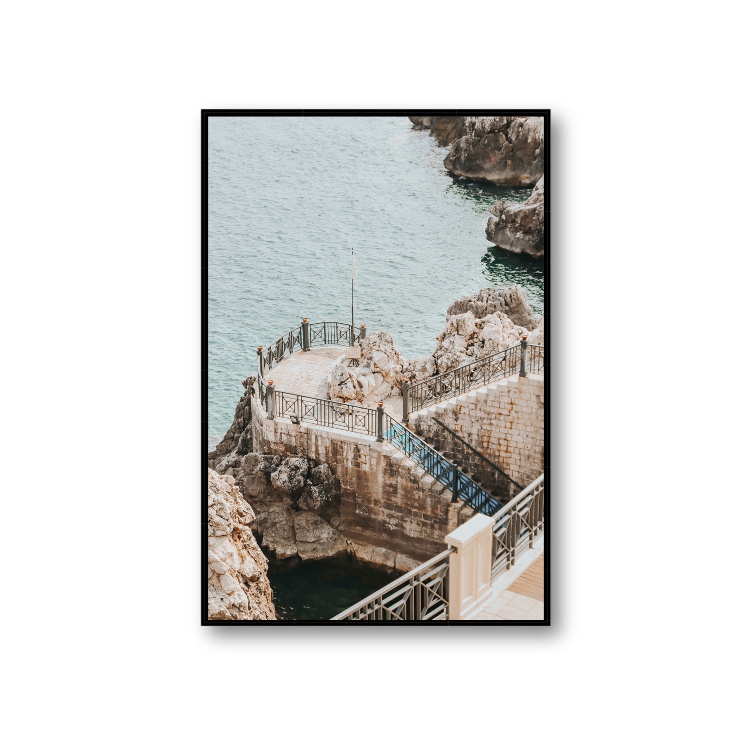 Tidal Staircase Puglia coastal Italian wall art Giant fine art canvas in black float frame
